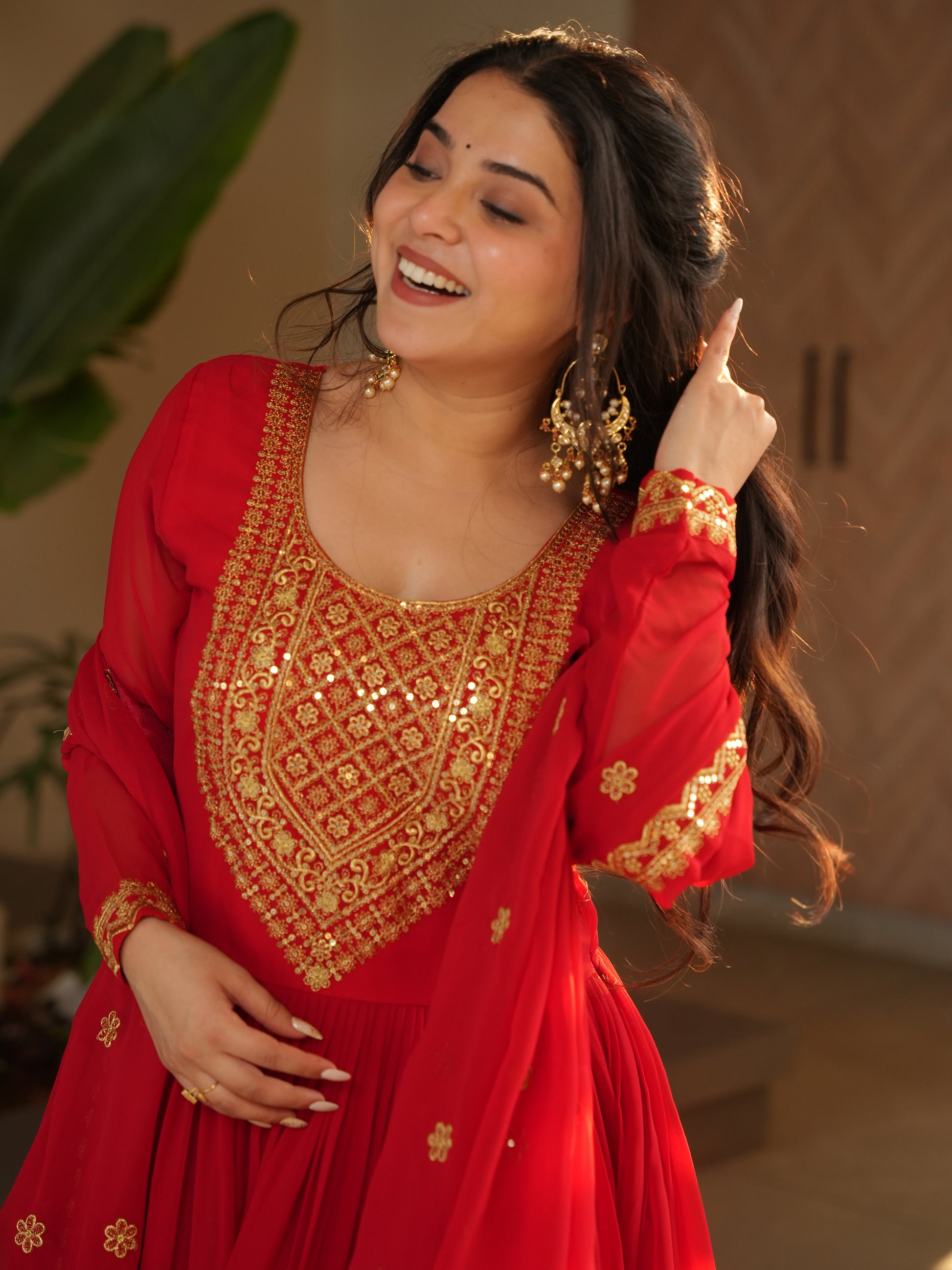 Beautiful Red Zari Embroidered Georgette Wedding Gown With Dupatta