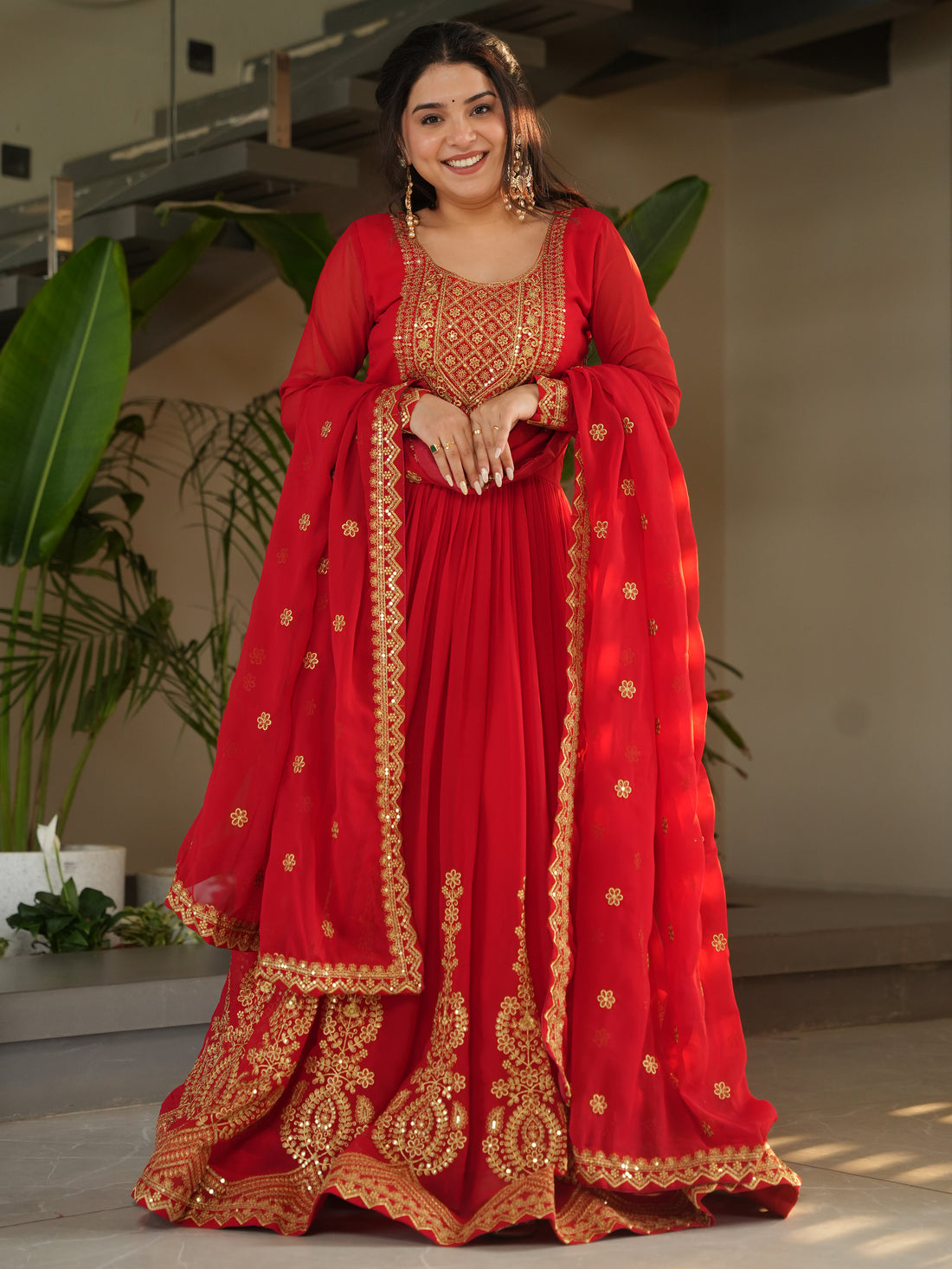 Beautiful Red Zari Embroidered Georgette Wedding Gown With Dupatta