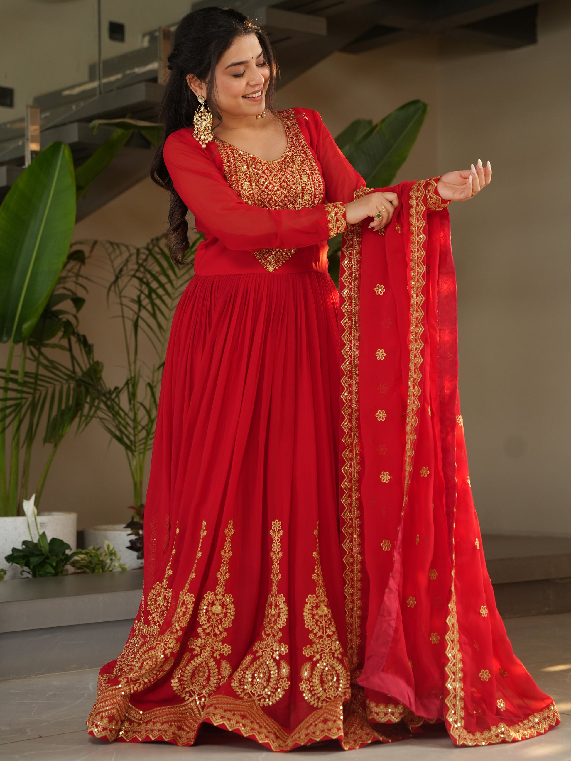 Beautiful Red Zari Embroidered Georgette Wedding Gown With Dupatta