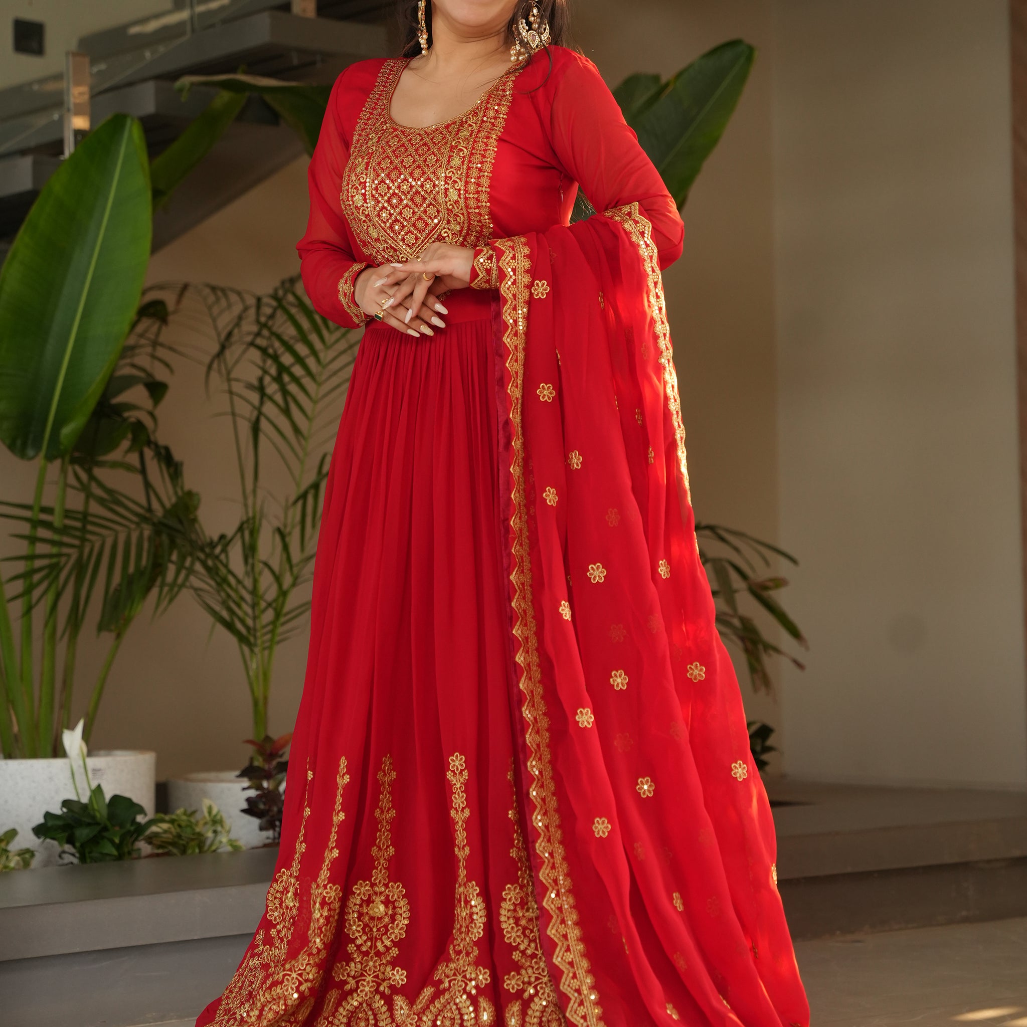 Beautiful Red Zari Embroidered Georgette Wedding Gown With Dupatta