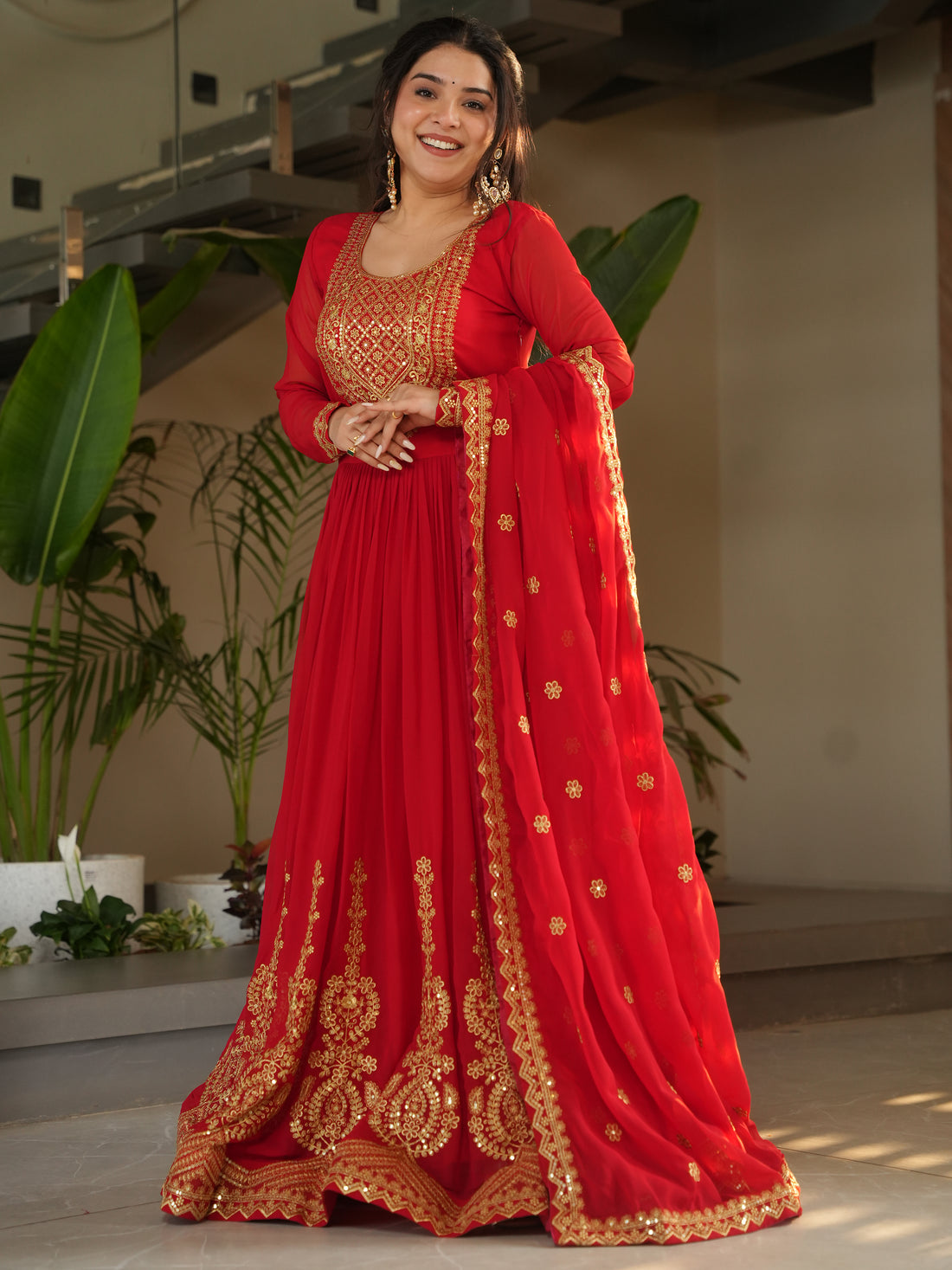 Beautiful Red Zari Embroidered Georgette Wedding Gown With Dupatta
