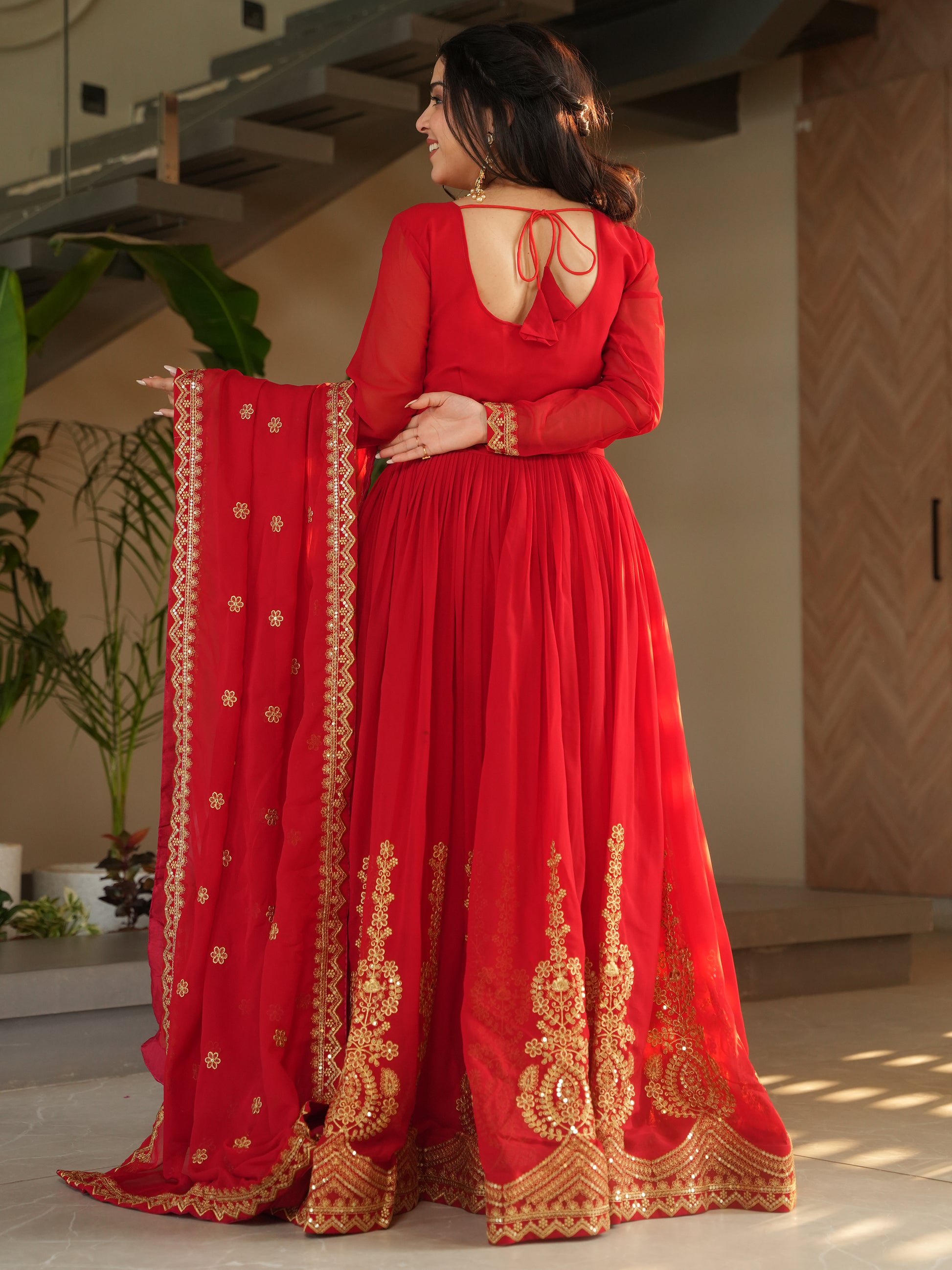 Beautiful Red Zari Embroidered Georgette Wedding Gown With Dupatta