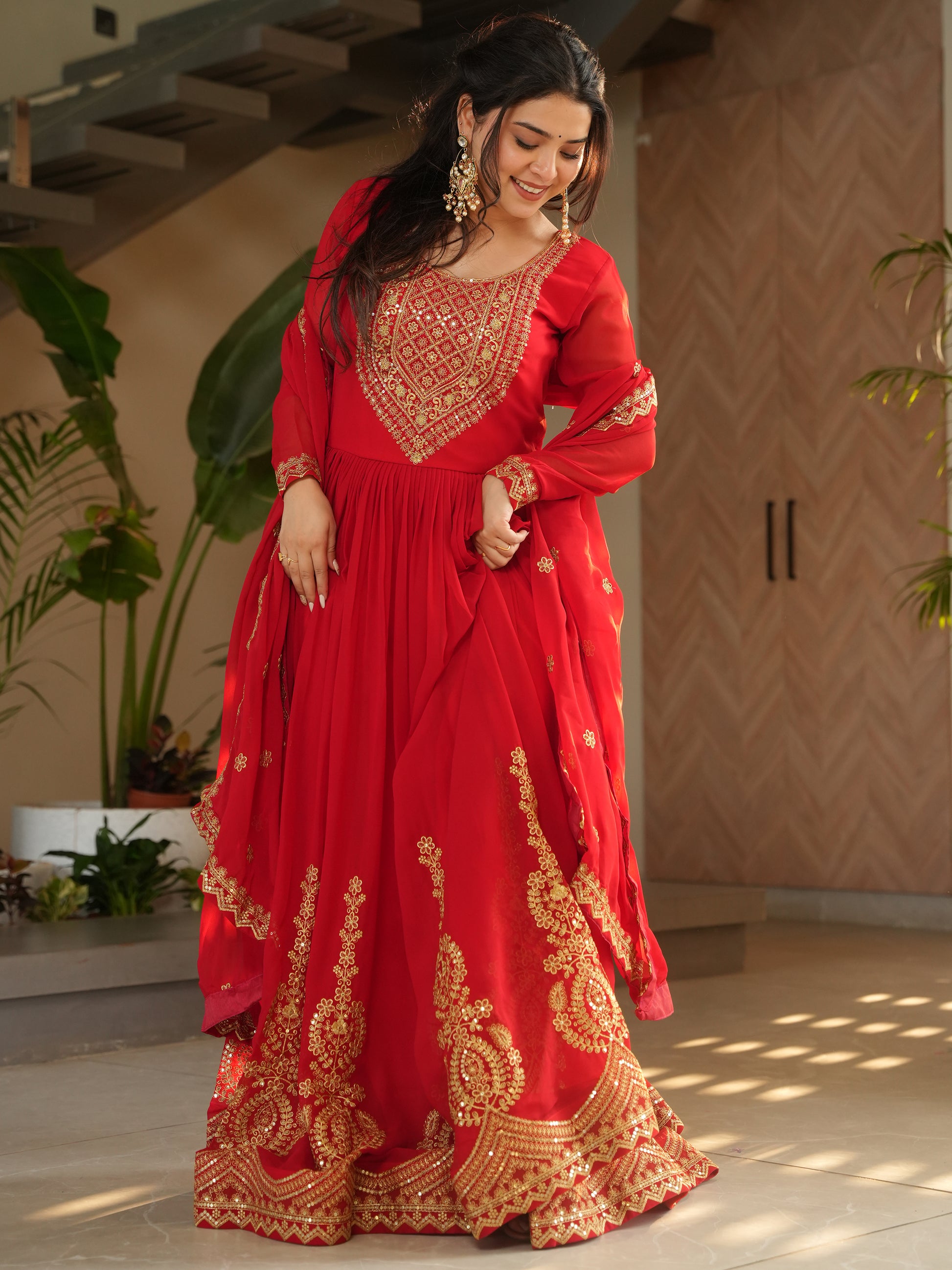 Beautiful Red Zari Embroidered Georgette Wedding Gown With Dupatta