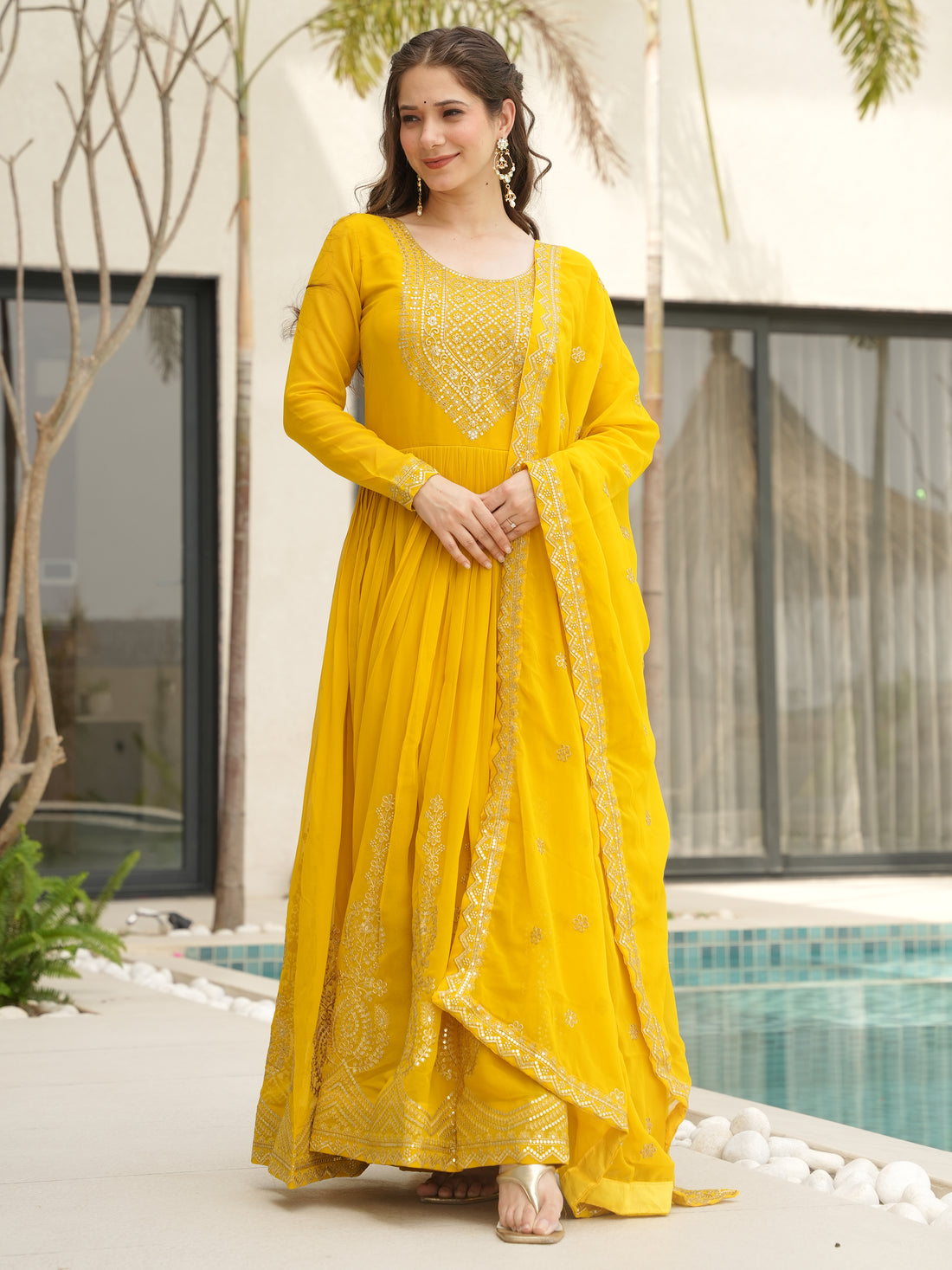 Marvelous Yellow Sequins Georgette Festival Wear Gown With Dupatta