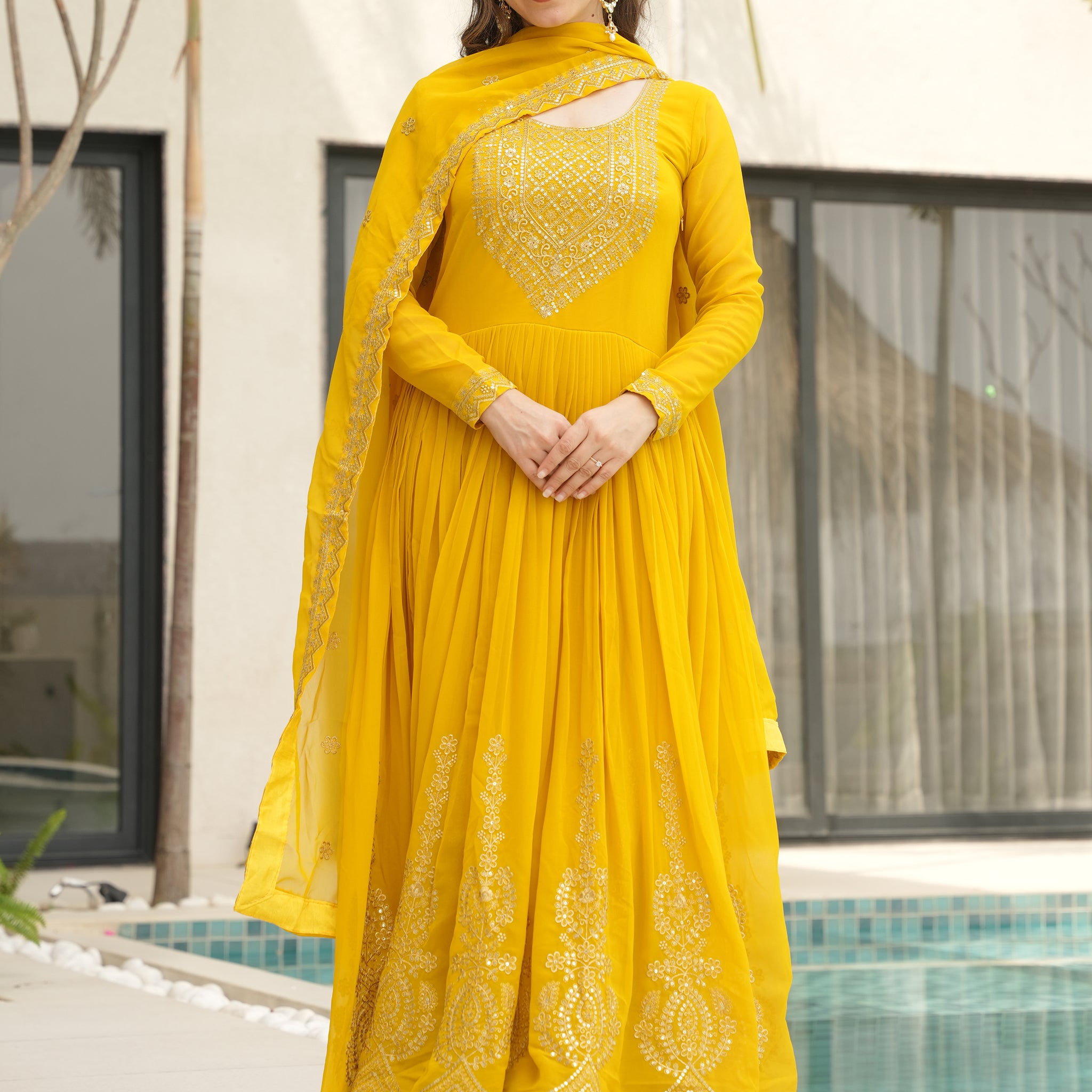 Marvelous Yellow Sequins Georgette Festival Wear Gown With Dupatta