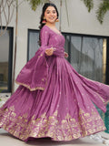 Charming Mauve Zari Work Chinon Traditional Gown With Dupatta