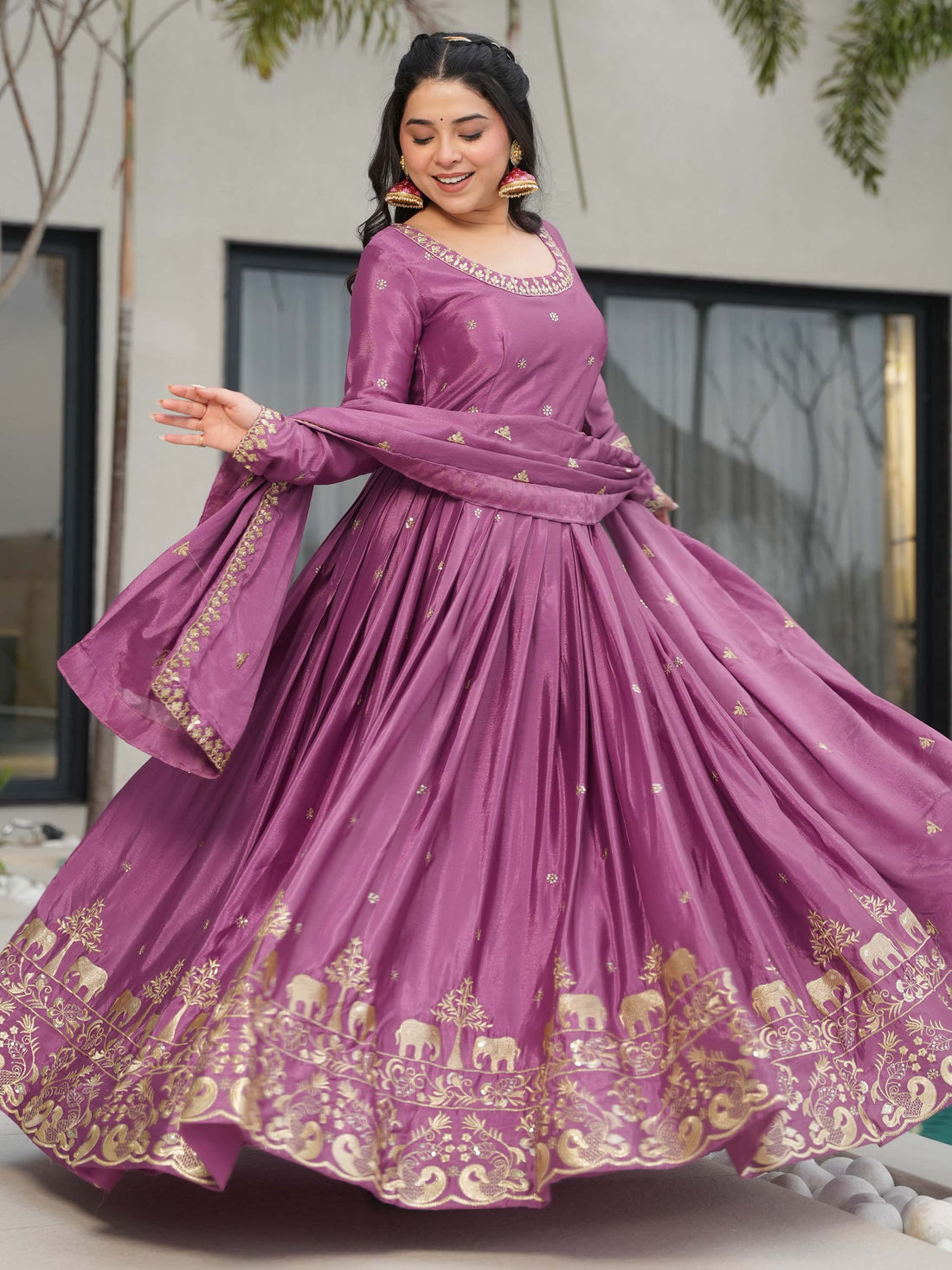 Charming Mauve Zari Work Chinon Traditional Gown With Dupatta