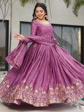 Charming Mauve Zari Work Chinon Traditional Gown With Dupatta