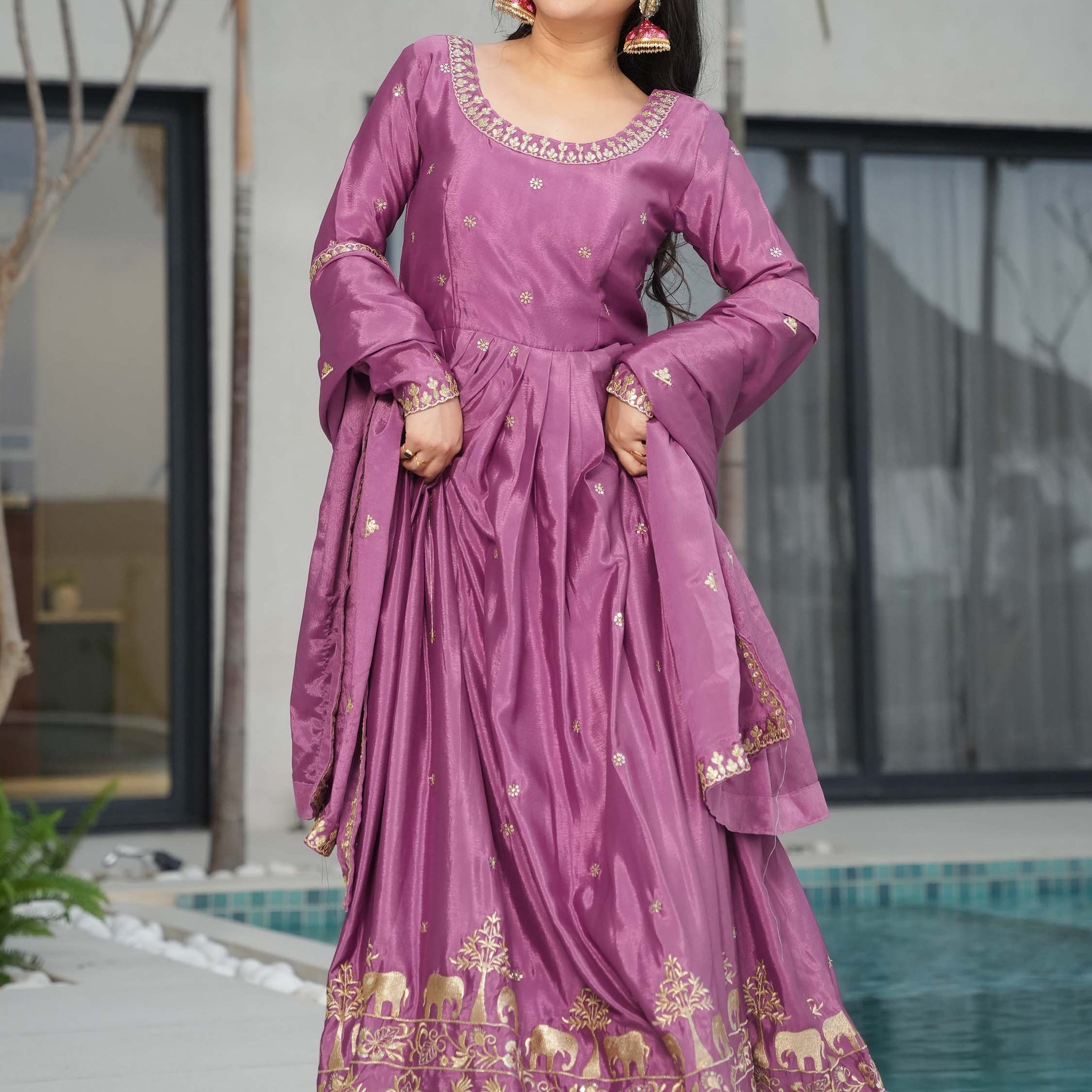 Charming Mauve Zari Work Chinon Traditional Gown With Dupatta