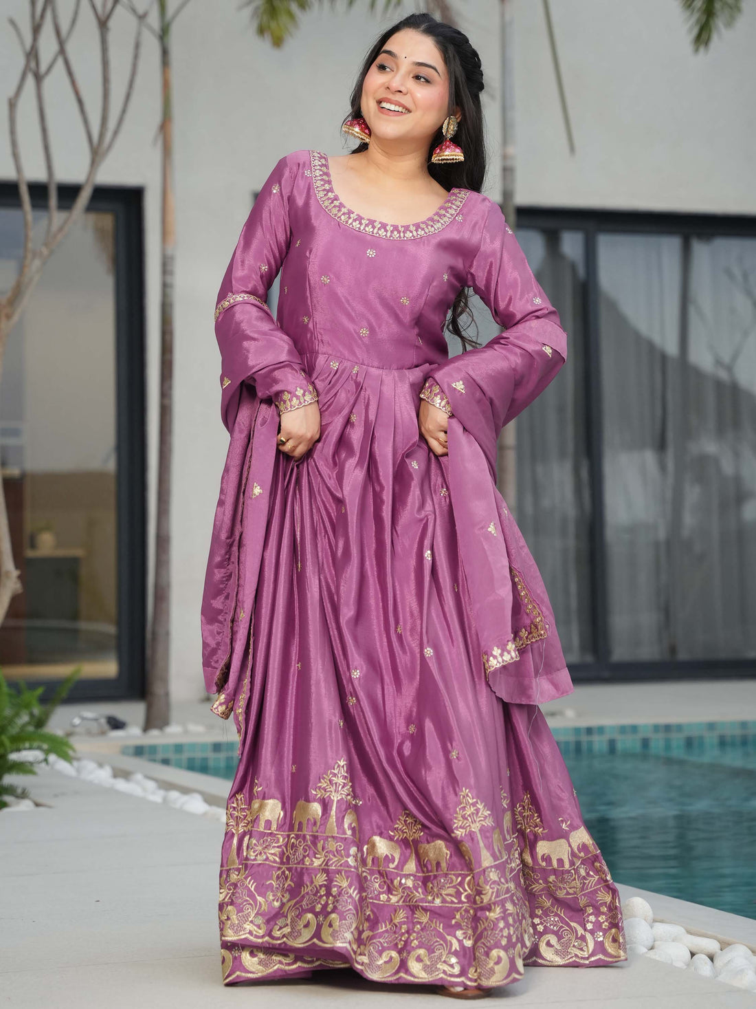 Charming Mauve Zari Work Chinon Traditional Gown With Dupatta