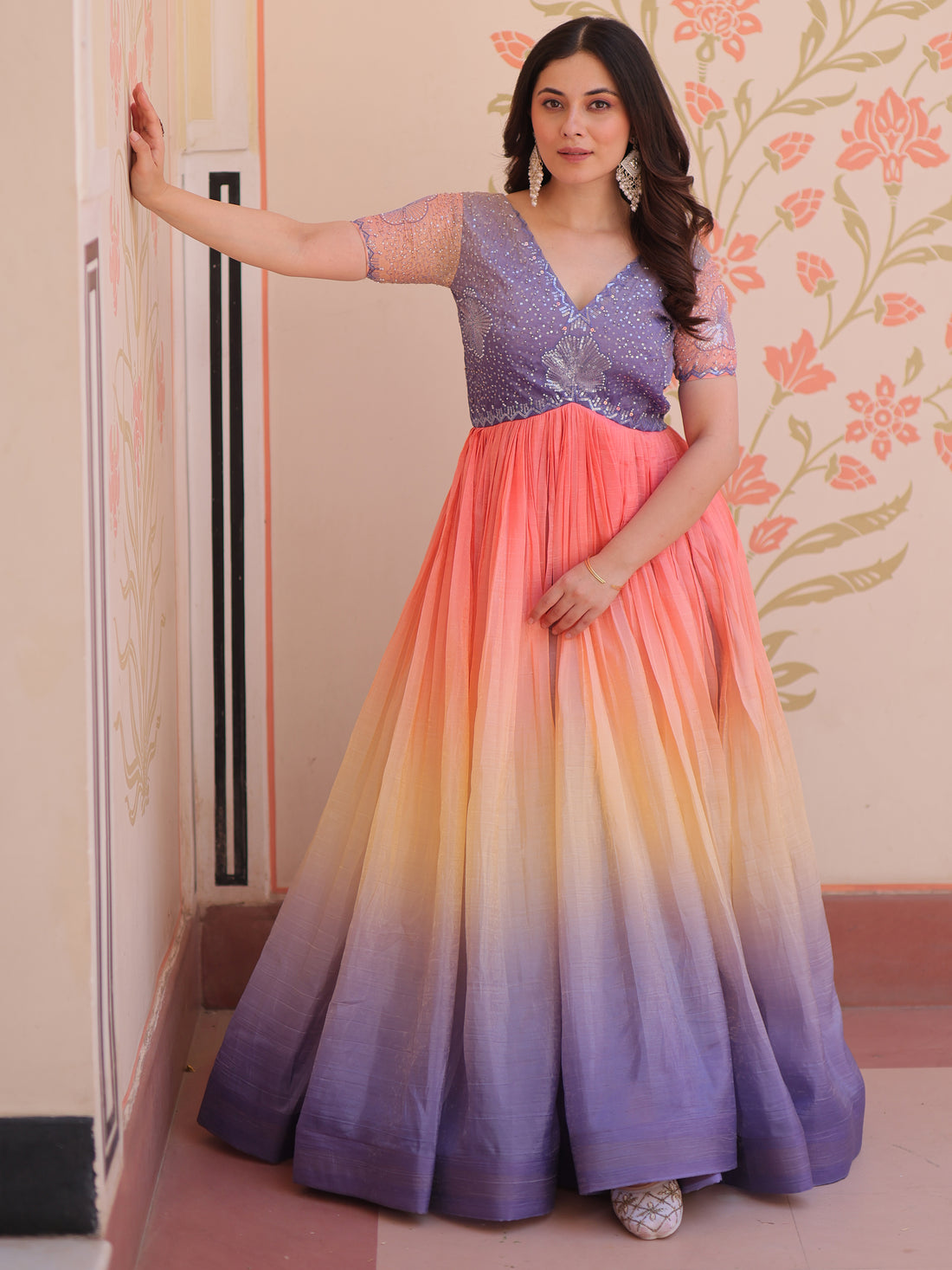 Spectacular Multi-Color Pearl Work Organza Event Wear Gown
