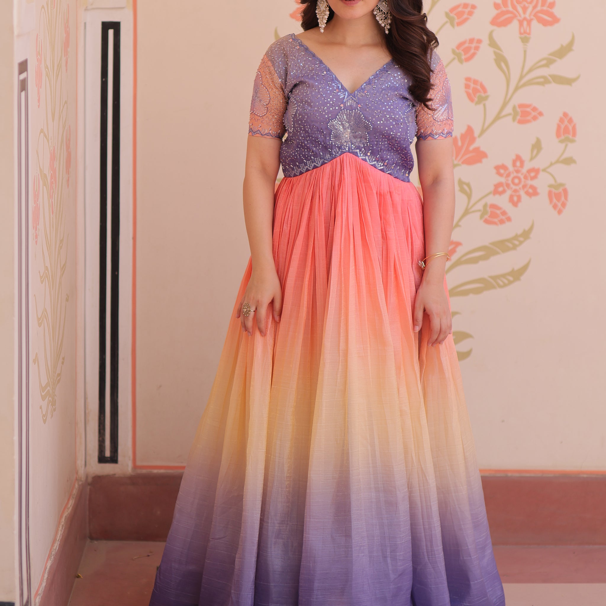 Spectacular Multi-Color Pearl Work Organza Event Wear Gown