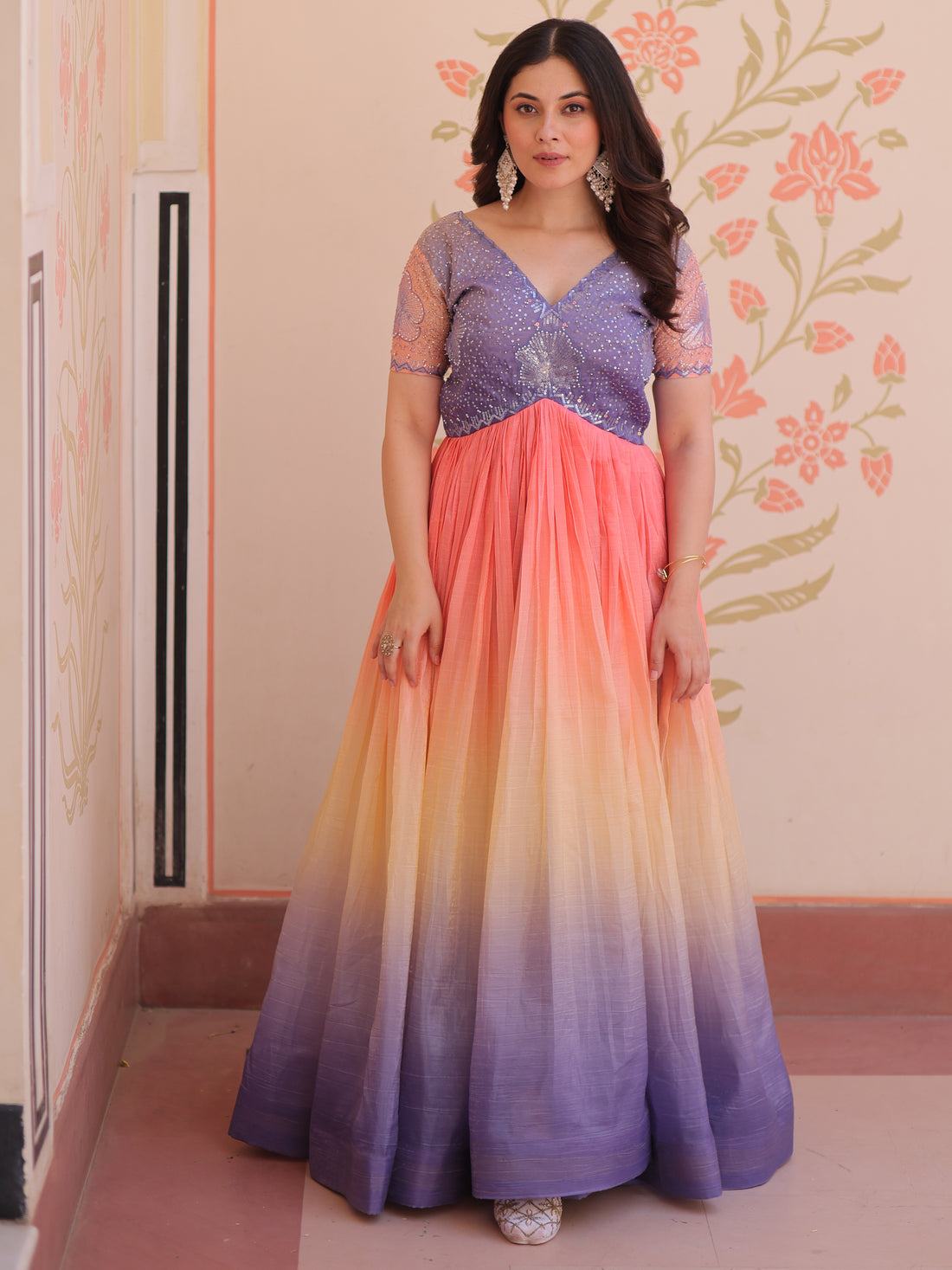 Spectacular Multi-Color Pearl Work Organza Event Wear Gown