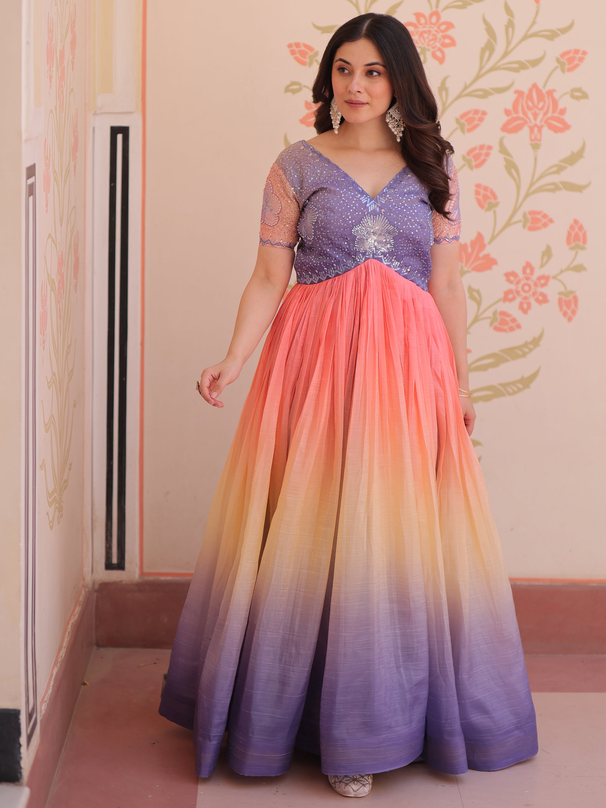 Spectacular Multi-Color Pearl Work Organza Event Wear Gown