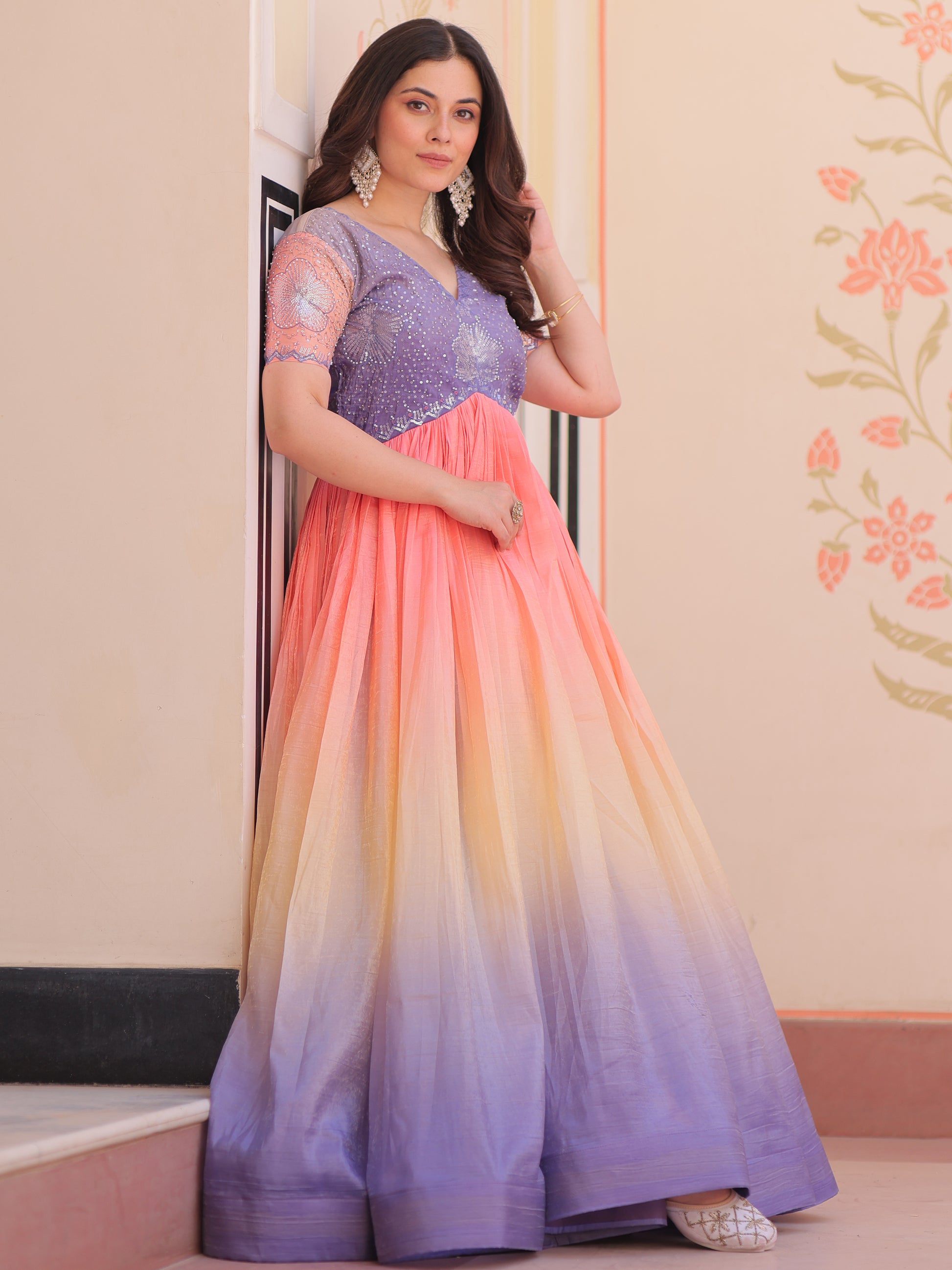 Spectacular Multi-Color Pearl Work Organza Event Wear Gown