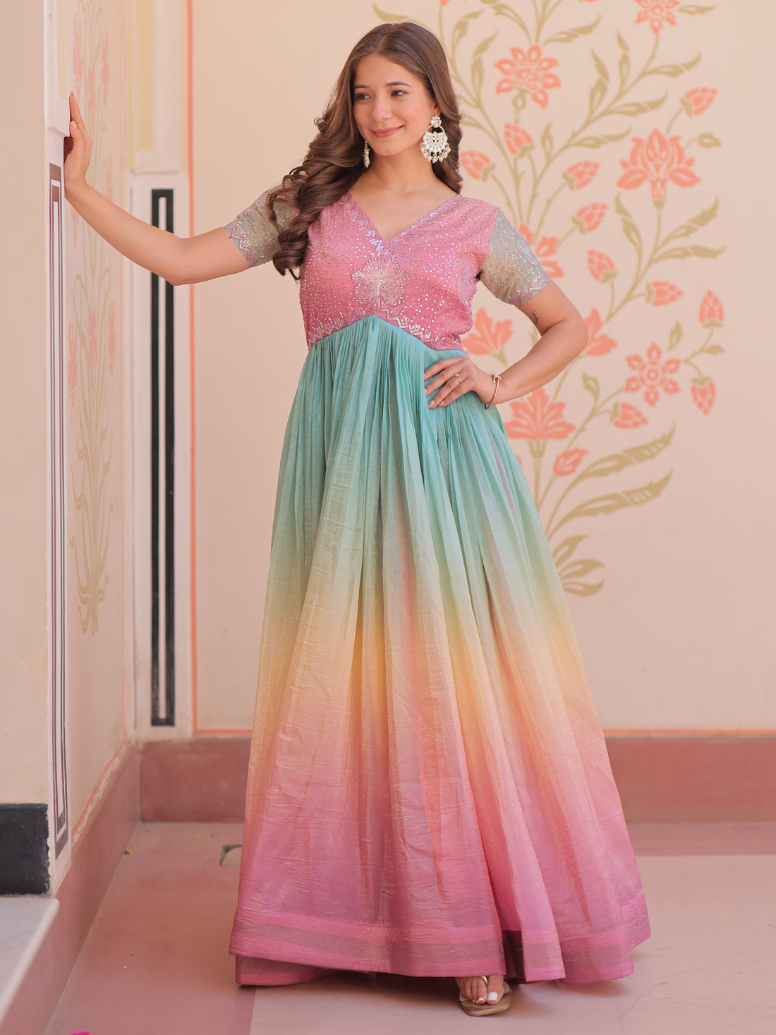 Astonishing Peach Pearl Work Organza Festival Wear Gown