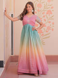 Astonishing Peach Pearl Work Organza Festival Wear Gown