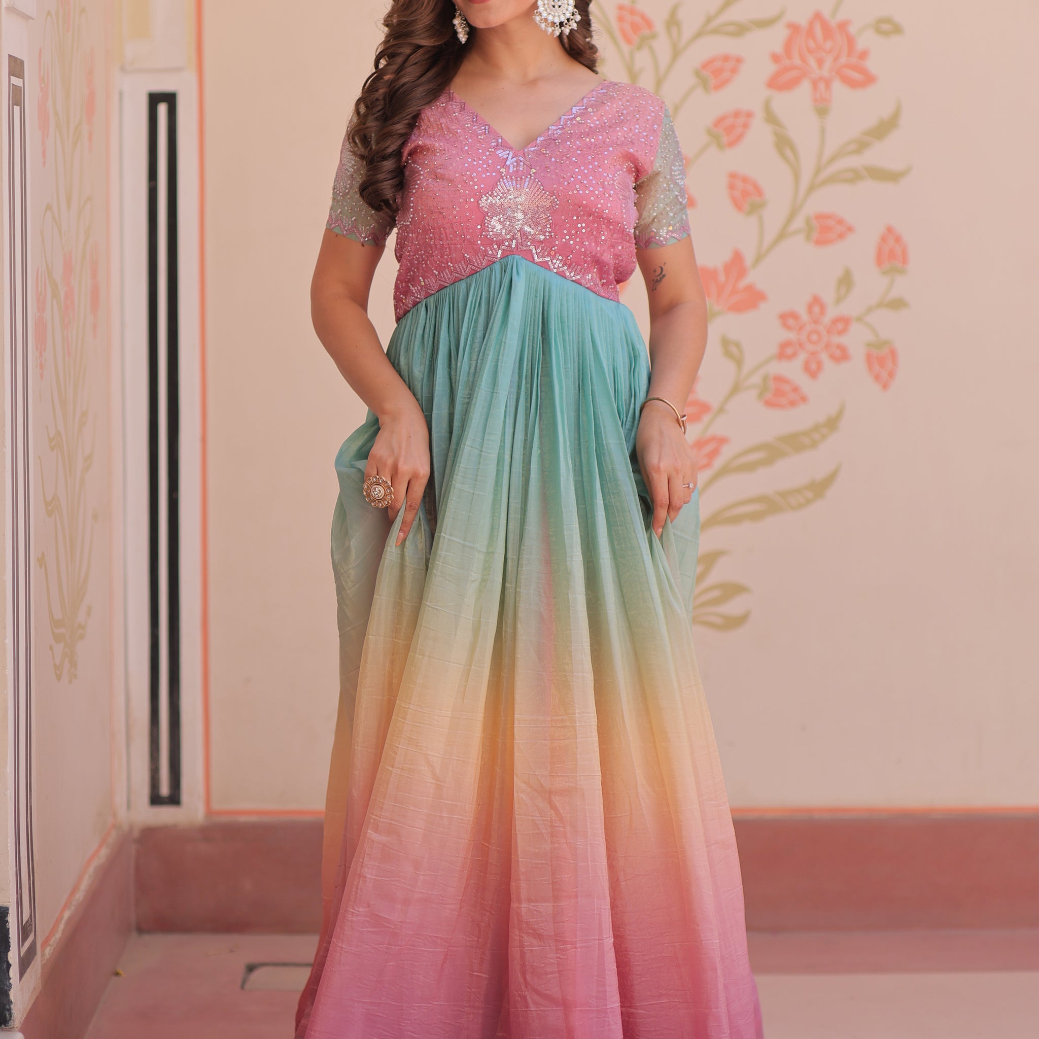 Astonishing Peach Pearl Work Organza Festival Wear Gown