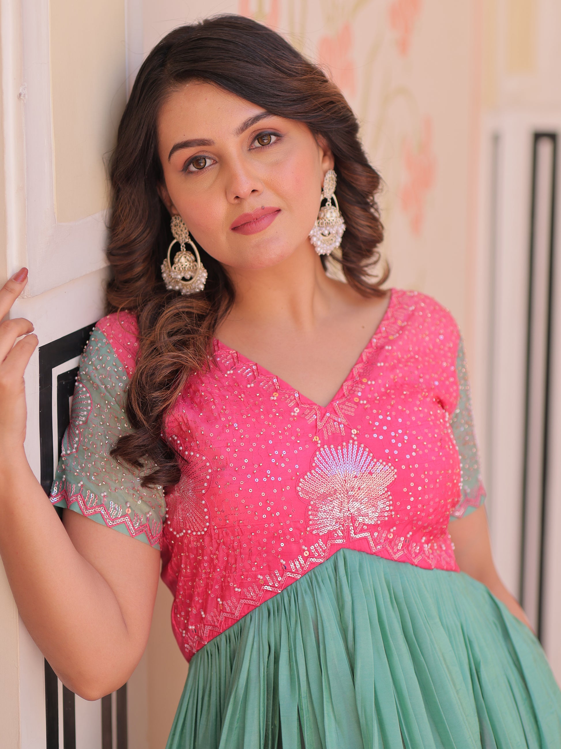 Incredible Pink Pearl Work Organza Party Wear Gown