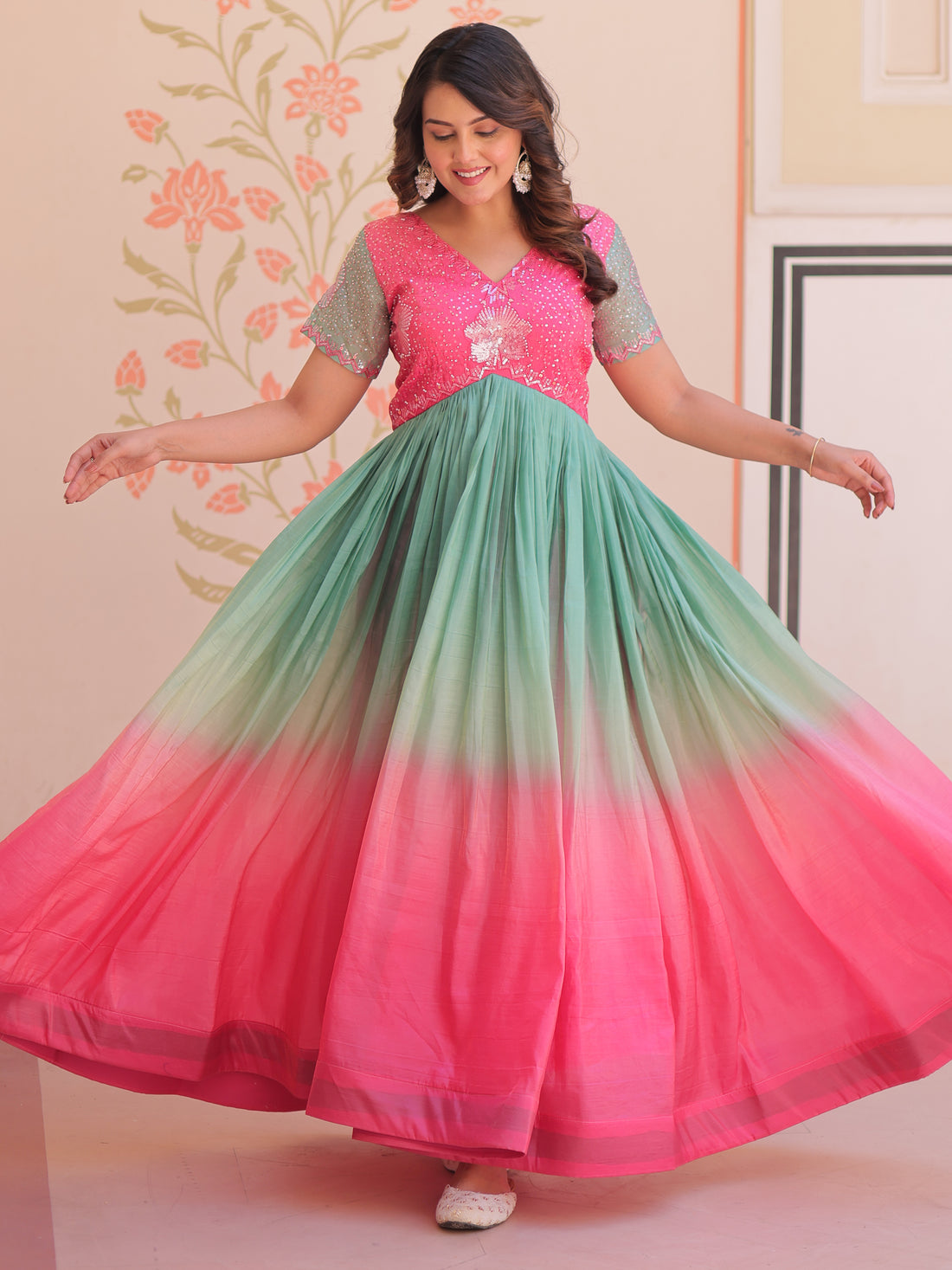 Incredible Pink Pearl Work Organza Party Wear Gown