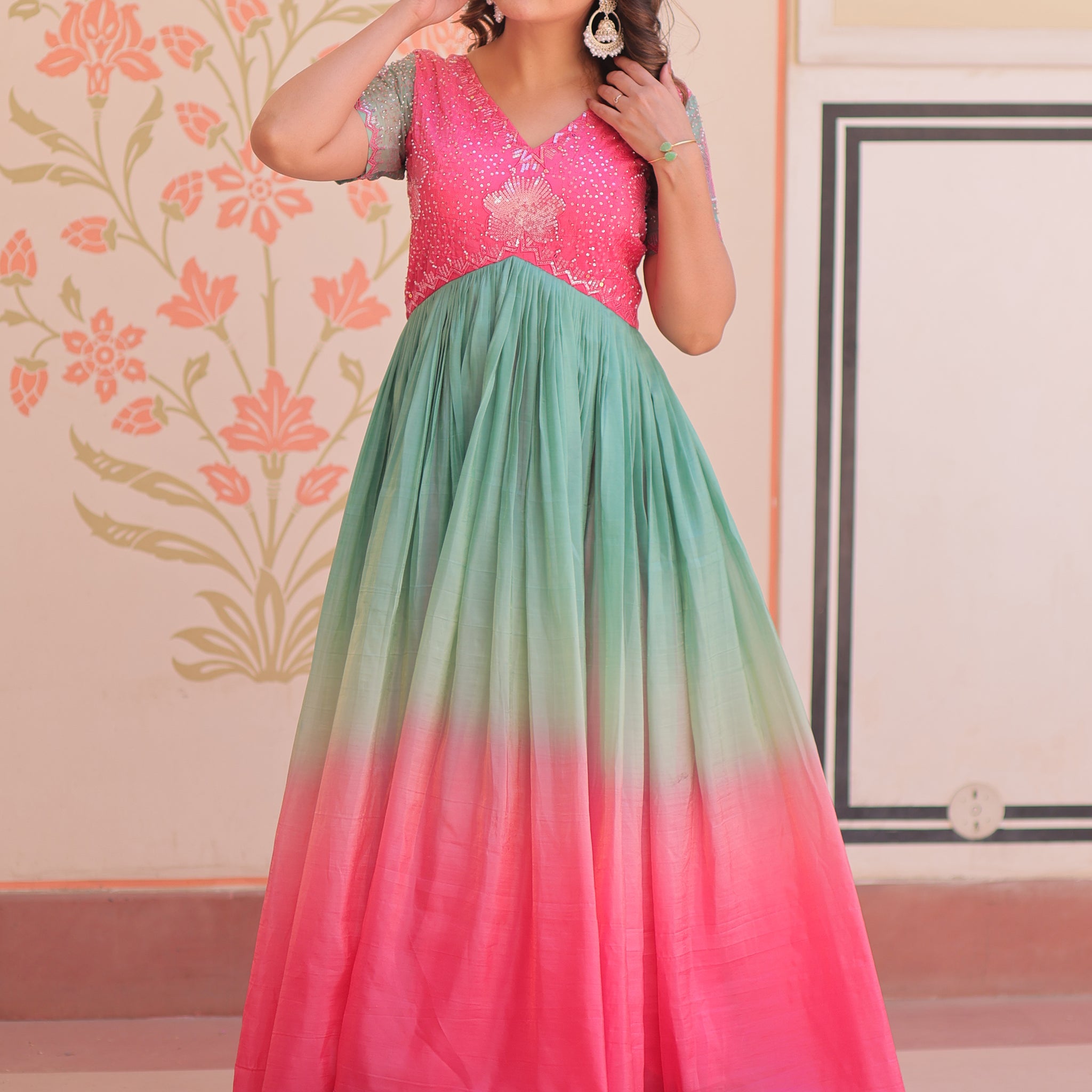 Incredible Pink Pearl Work Organza Party Wear Gown