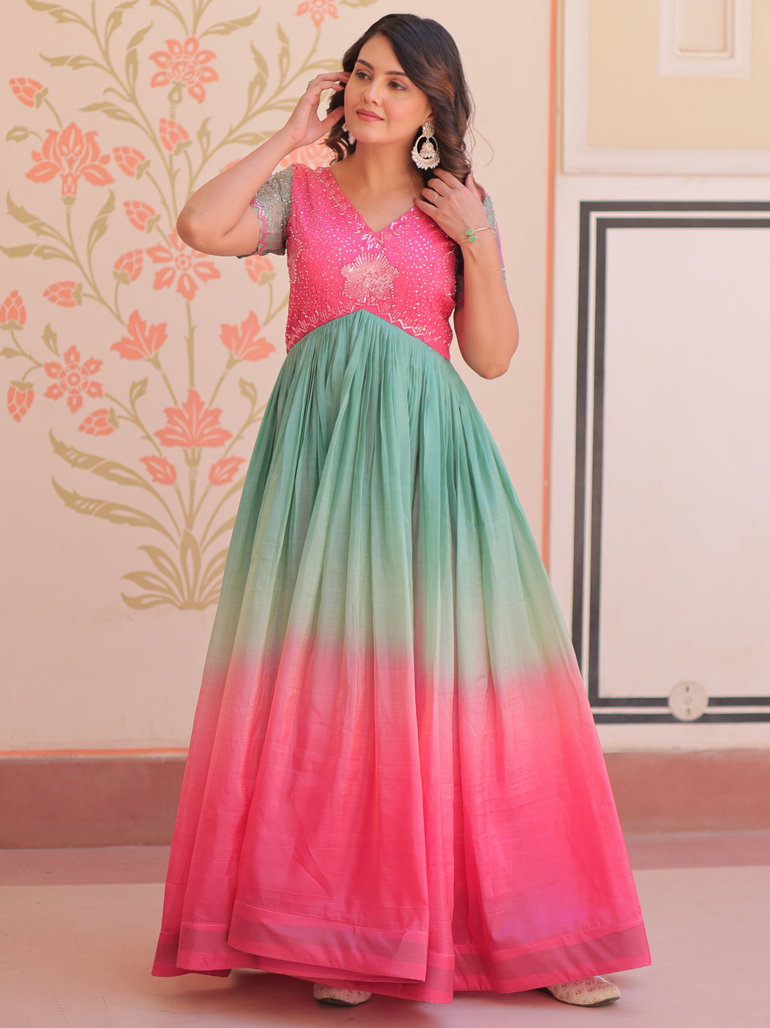 Incredible Pink Pearl Work Organza Party Wear Gown
