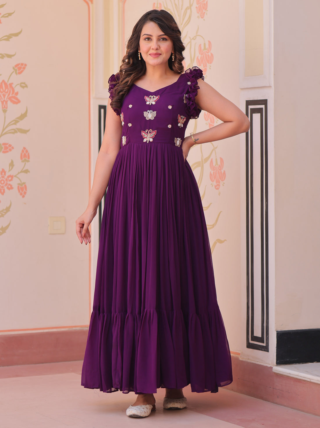 Attractive Purple Beads Work Organza Party Wear Gown