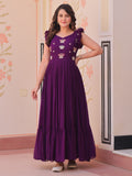 Attractive Purple Beads Work Organza Party Wear Gown