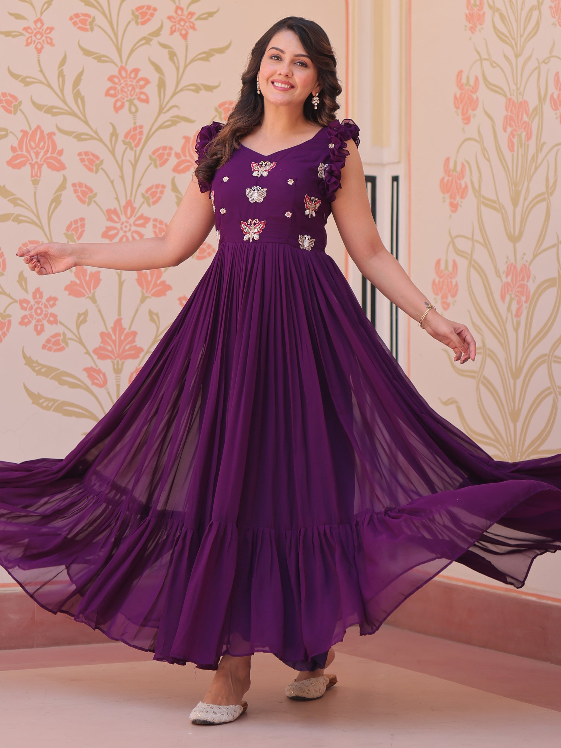 Attractive Purple Beads Work Organza Party Wear Gown