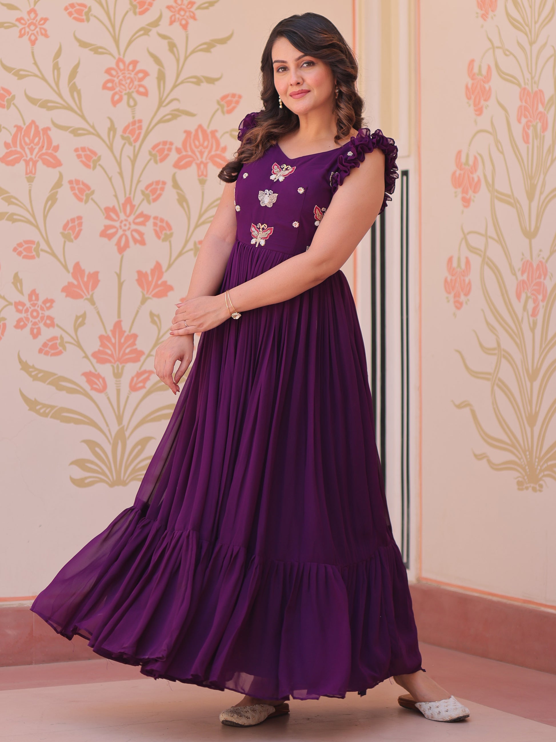 Attractive Purple Beads Work Organza Party Wear Gown