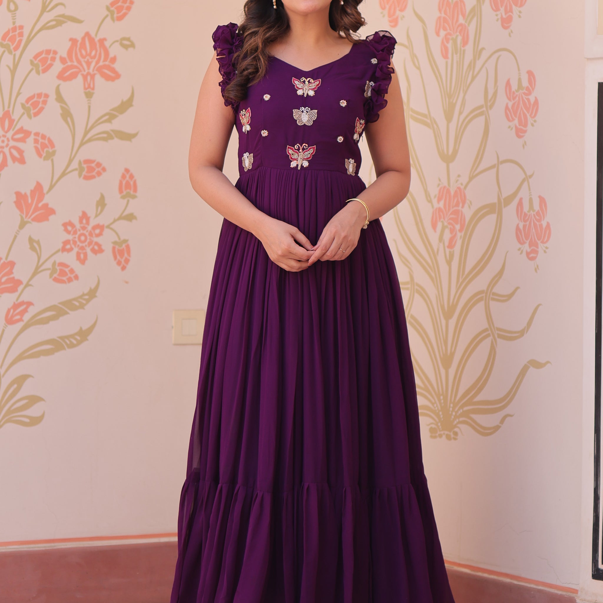 Attractive Purple Beads Work Organza Party Wear Gown