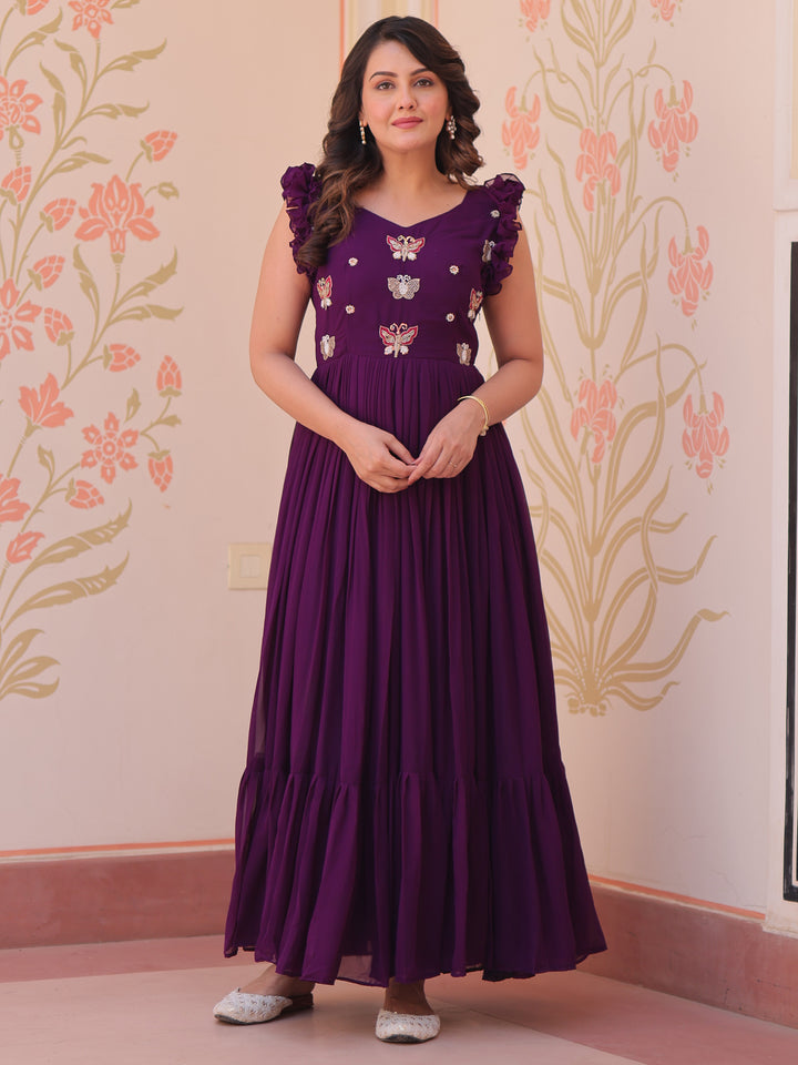 Attractive Purple Beads Work Organza Party Wear Gown