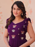 Attractive Purple Beads Work Organza Party Wear Gown
