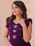 Attractive Purple Beads Work Organza Party Wear Gown