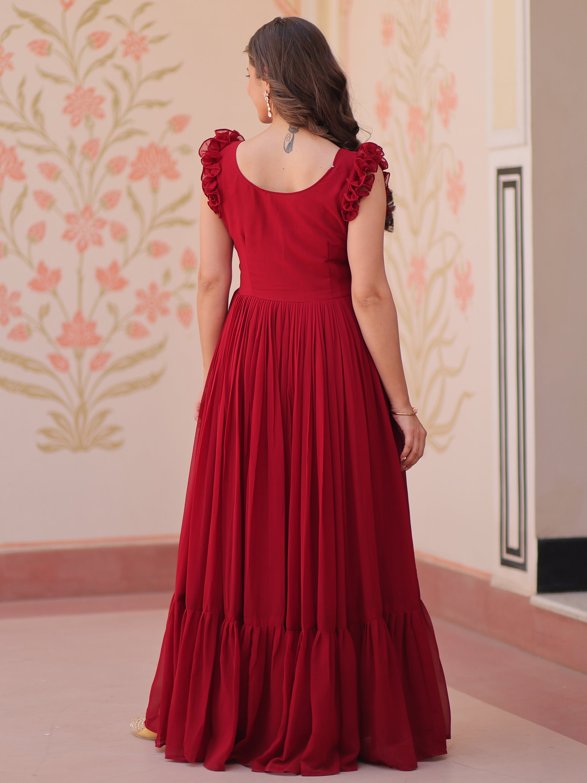 Tantalizing Red Beads Work Organza Event Wear Gown