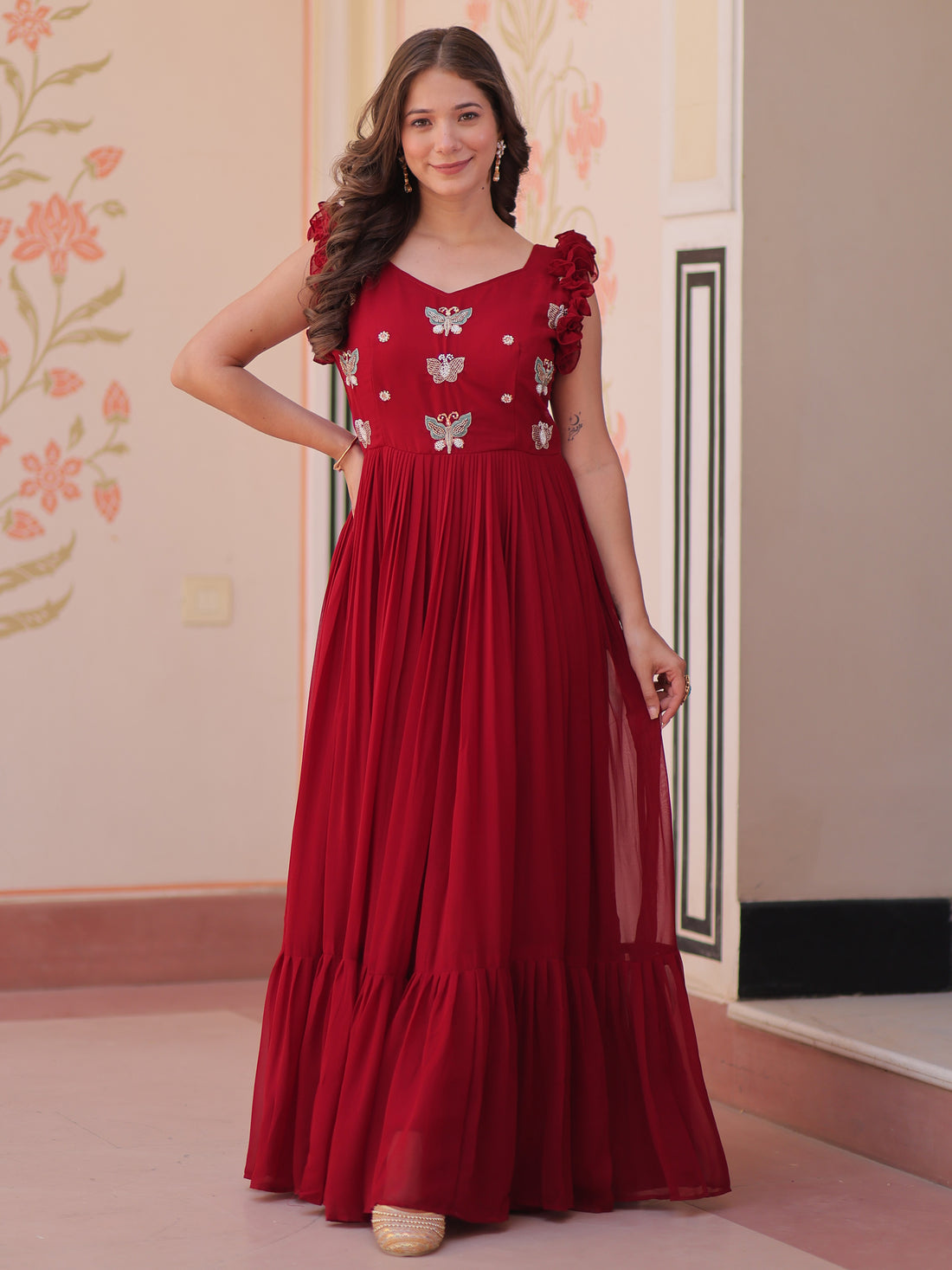 Tantalizing Red Beads Work Organza Event Wear Gown