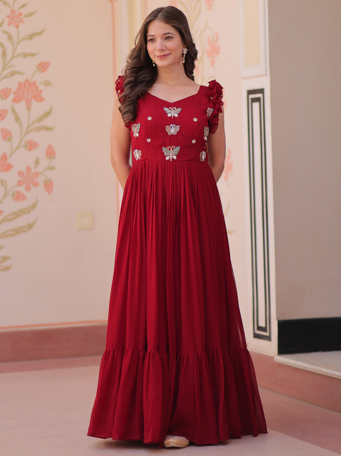 Tantalizing Red Beads Work Organza Event Wear Gown