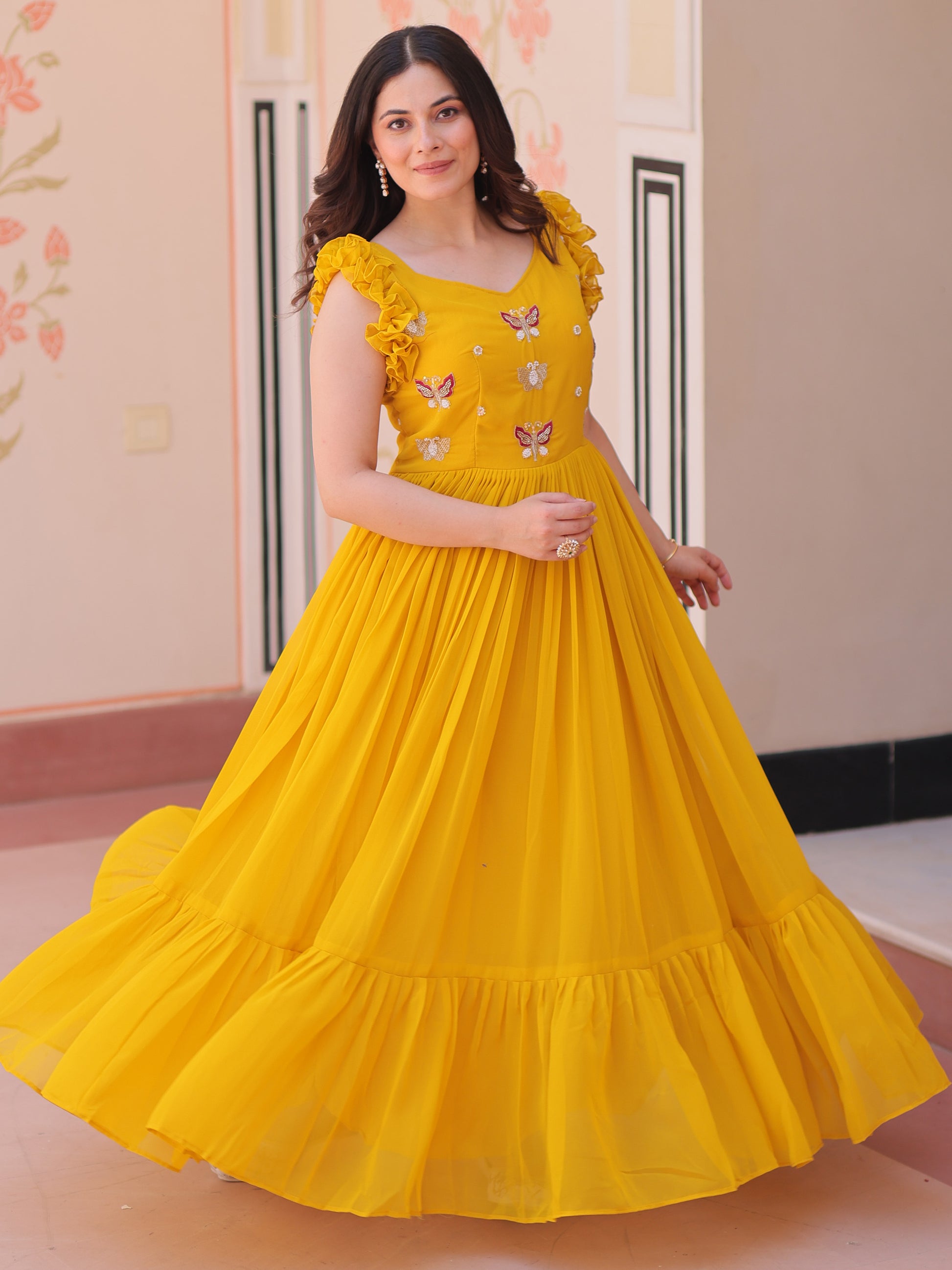 Captivating Yellow Beads Work Organza Festival Wear Gown