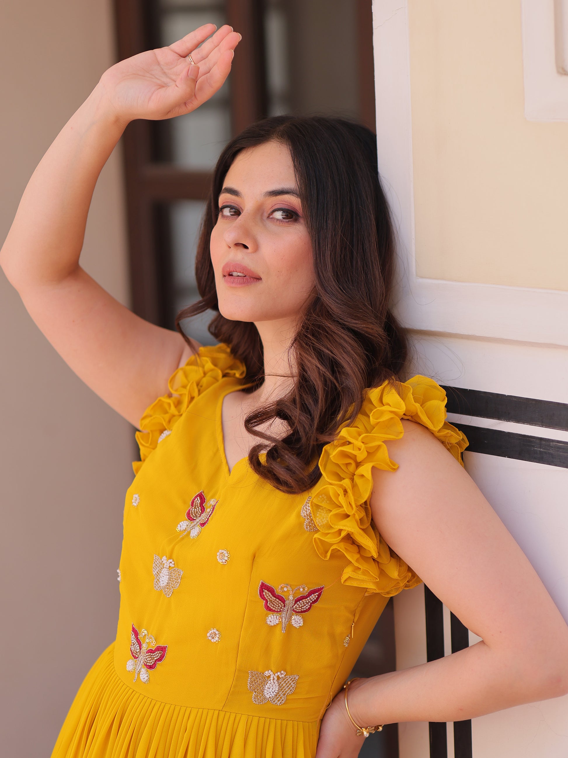 Captivating Yellow Beads Work Organza Festival Wear Gown