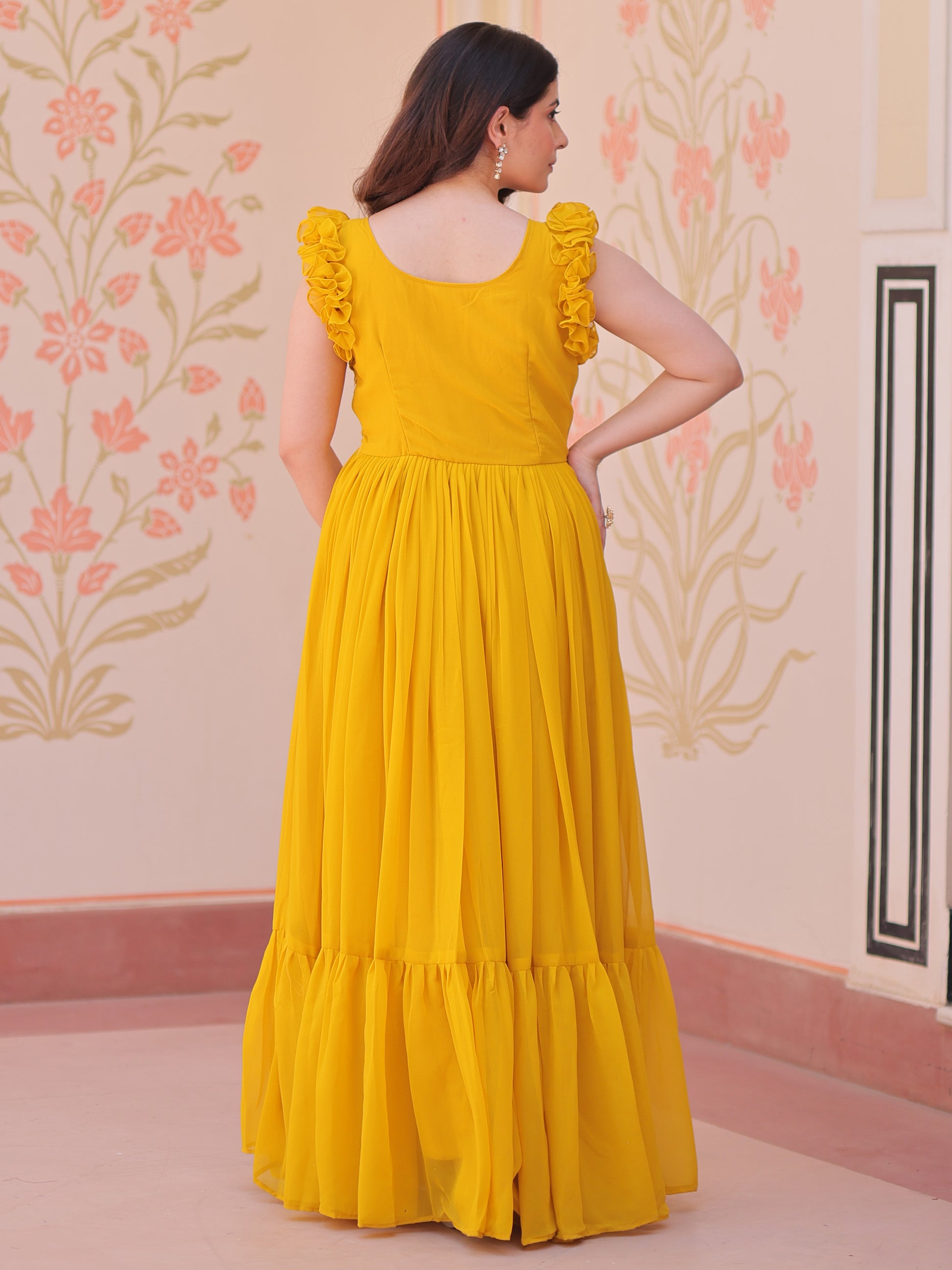Captivating Yellow Beads Work Organza Festival Wear Gown