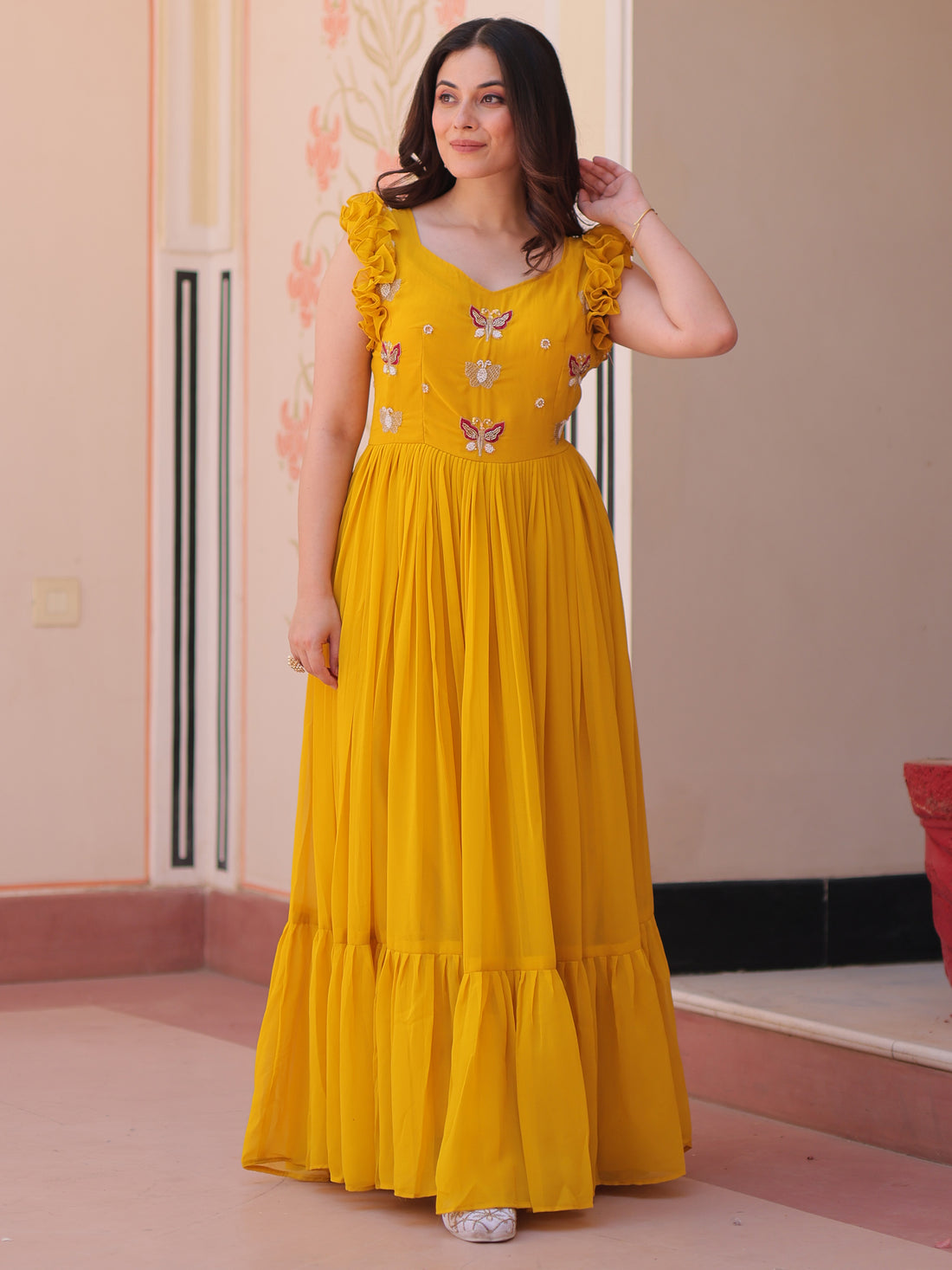 Captivating Yellow Beads Work Organza Festival Wear Gown
