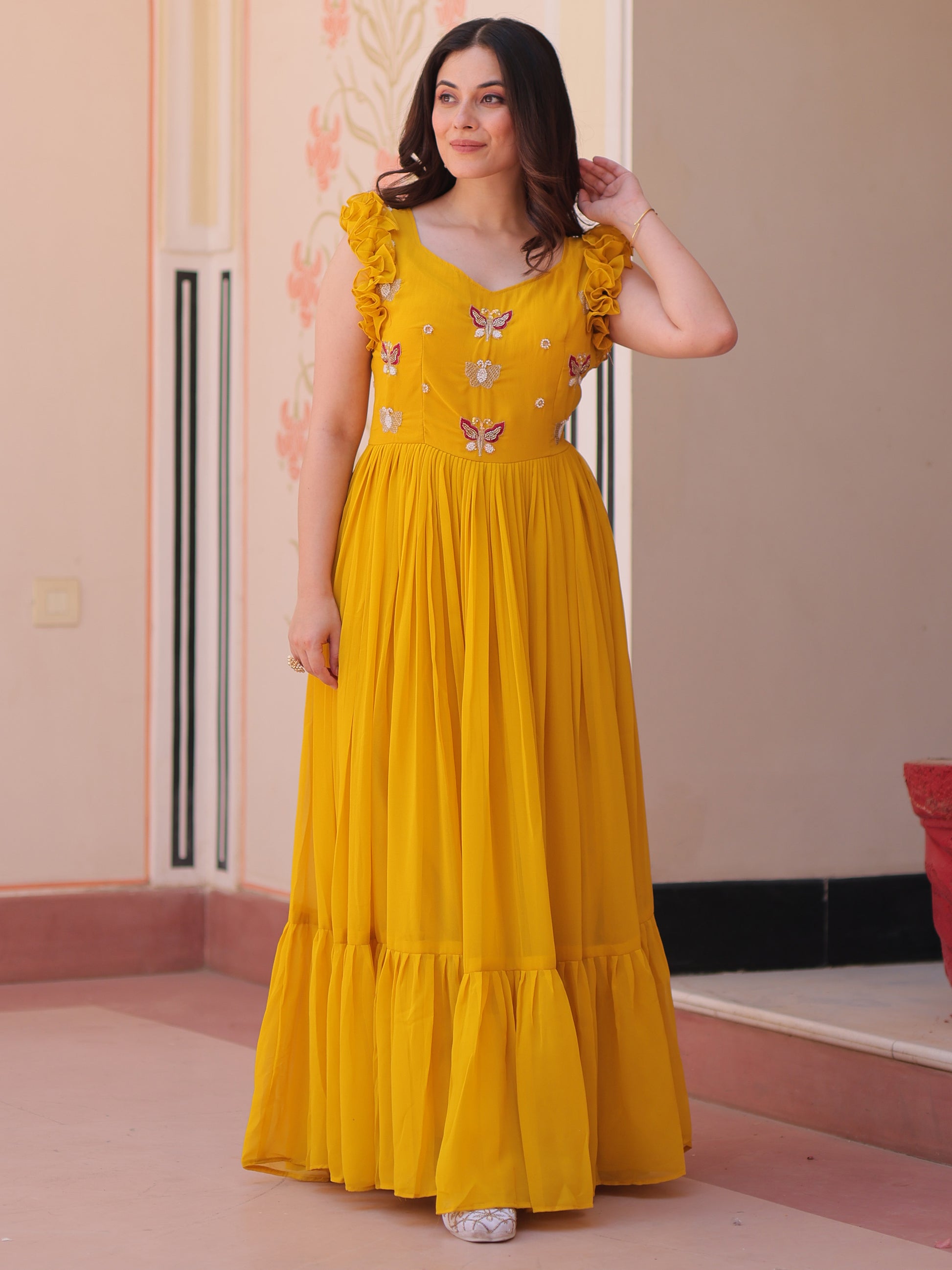 Captivating Yellow Beads Work Organza Festival Wear Gown