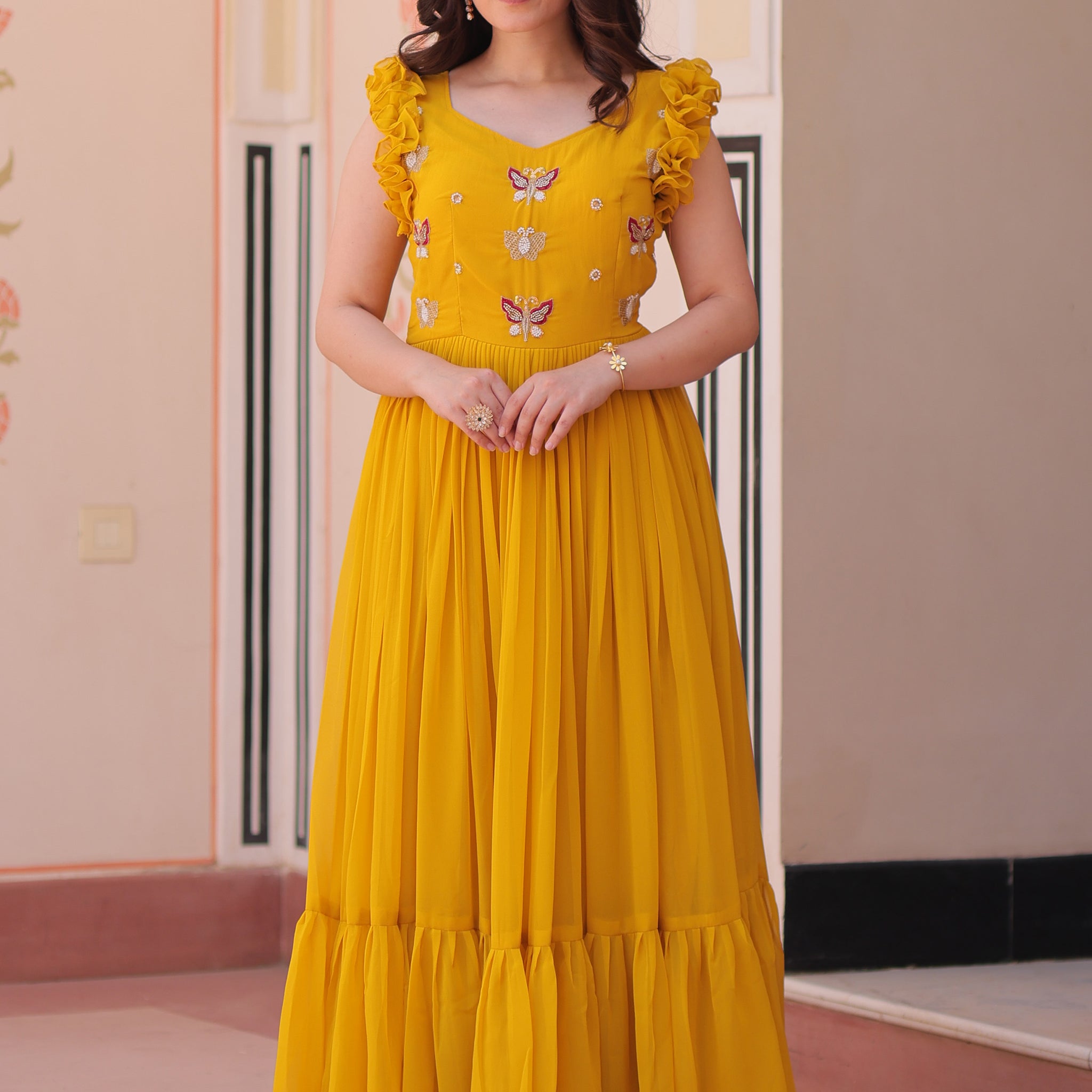 Captivating Yellow Beads Work Organza Festival Wear Gown