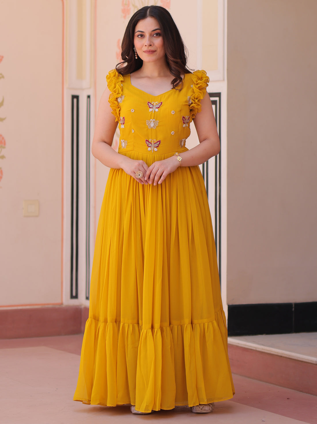 Captivating Yellow Beads Work Organza Festival Wear Gown