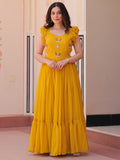 Captivating Yellow Beads Work Organza Festival Wear Gown