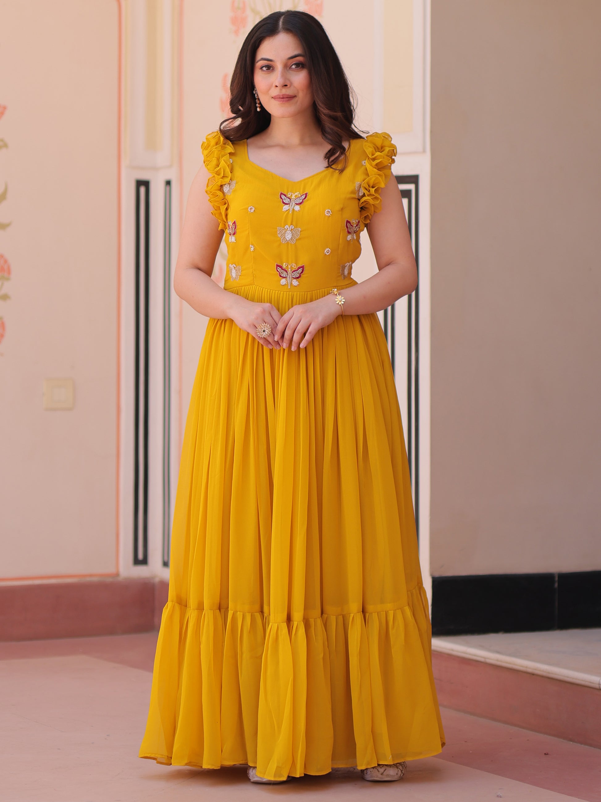Captivating Yellow Beads Work Organza Festival Wear Gown