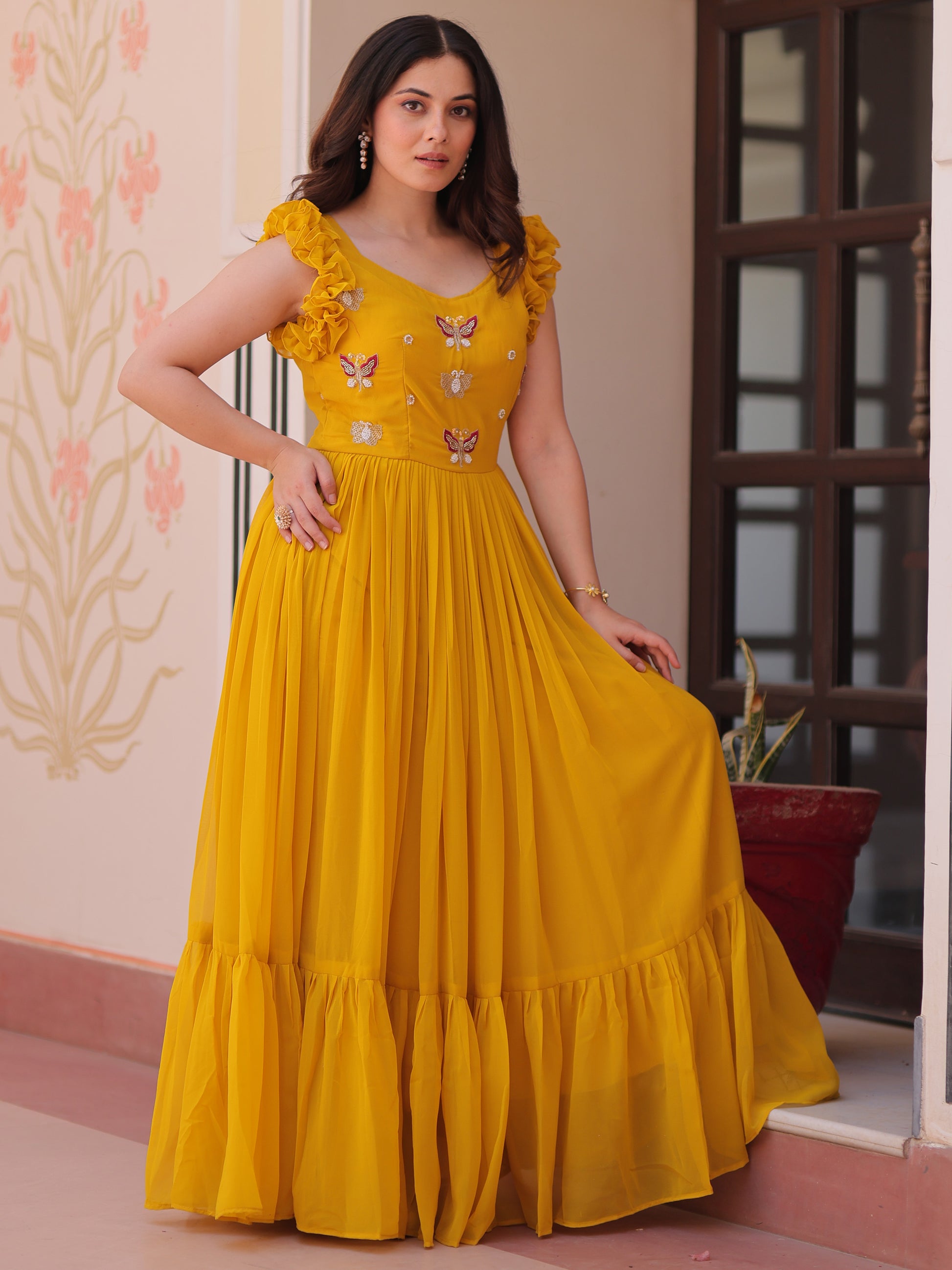 Captivating Yellow Beads Work Organza Festival Wear Gown
