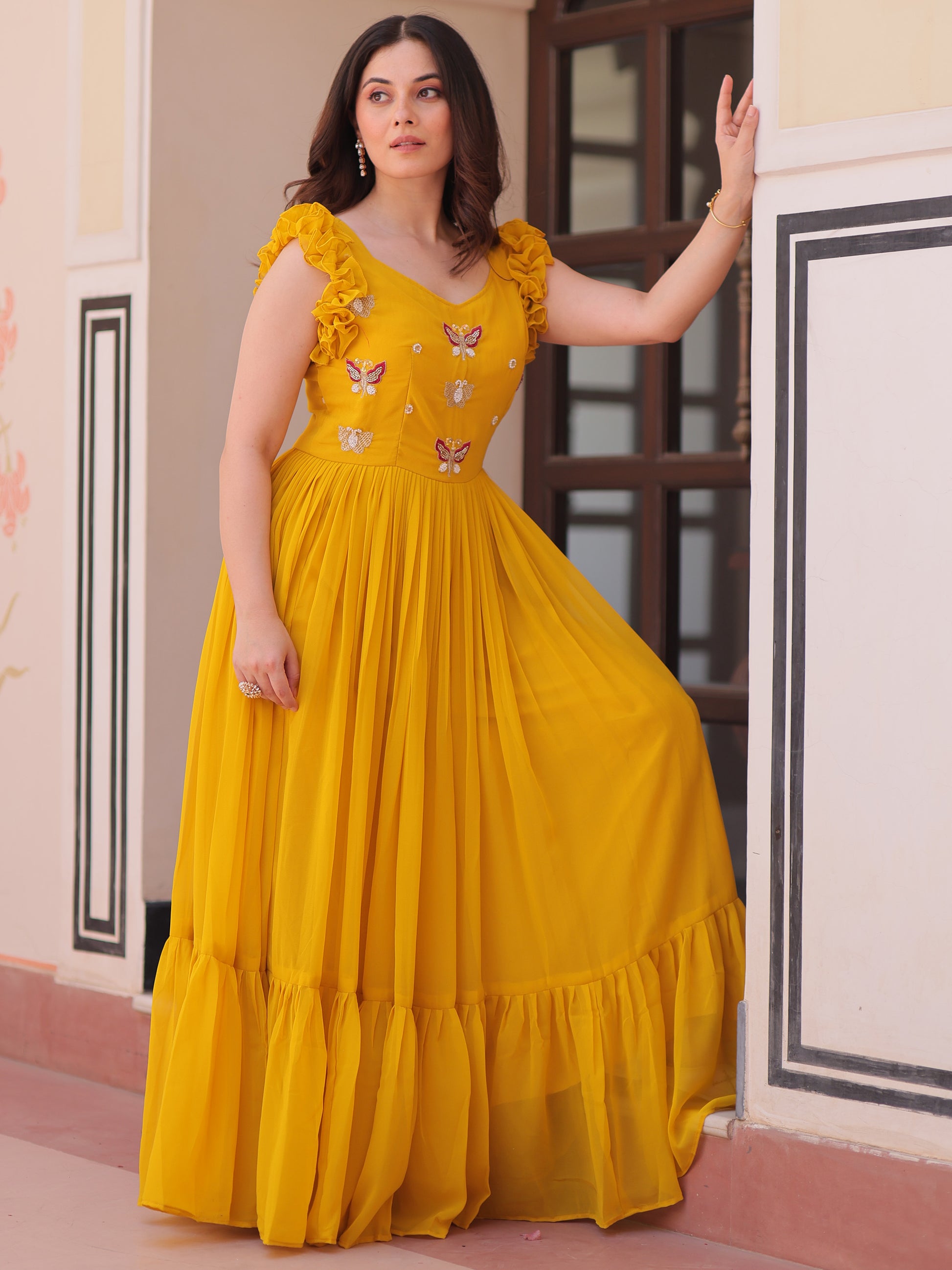 Captivating Yellow Beads Work Organza Festival Wear Gown