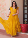 Captivating Yellow Beads Work Organza Festival Wear Gown