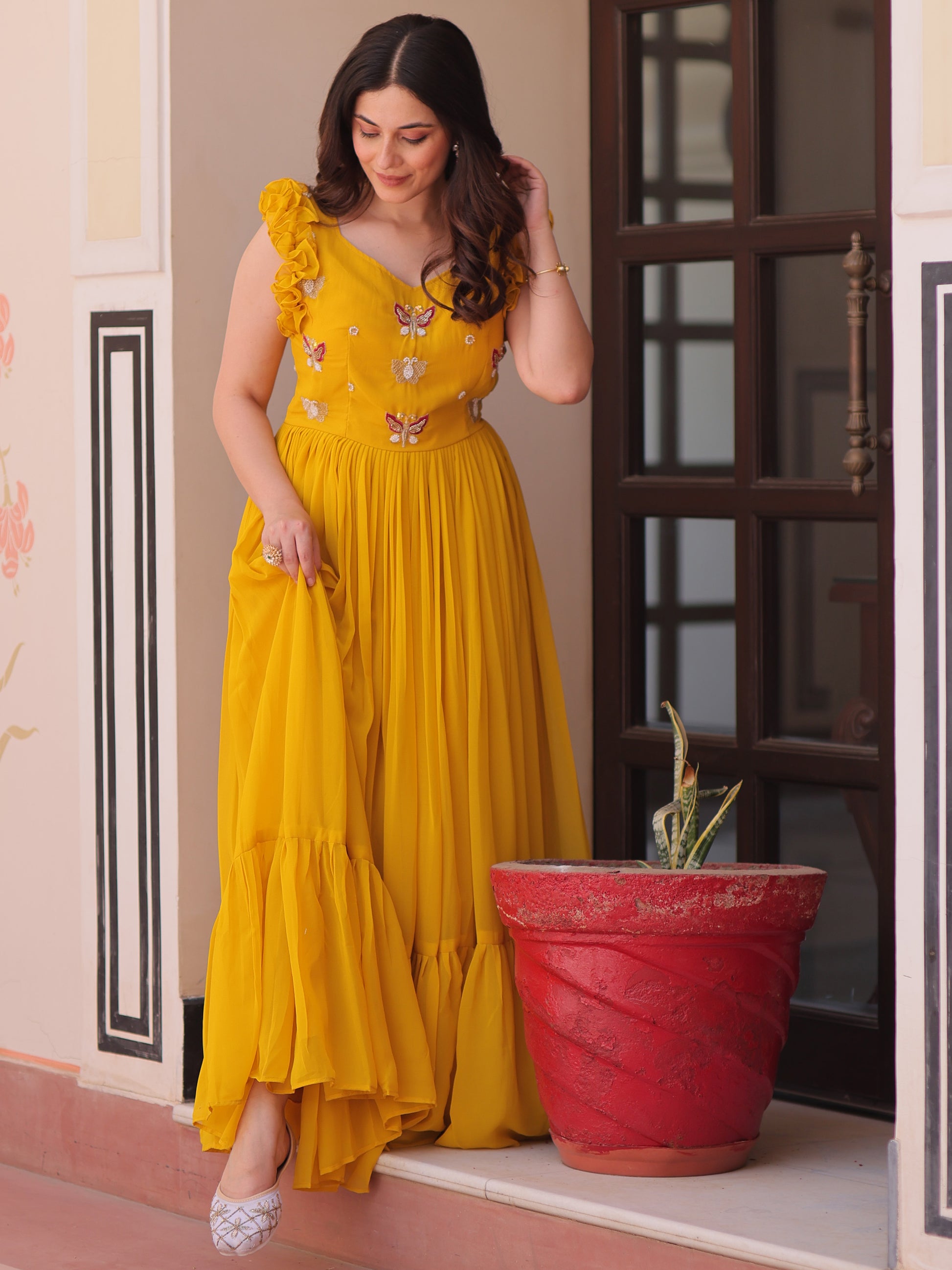 Captivating Yellow Beads Work Organza Festival Wear Gown